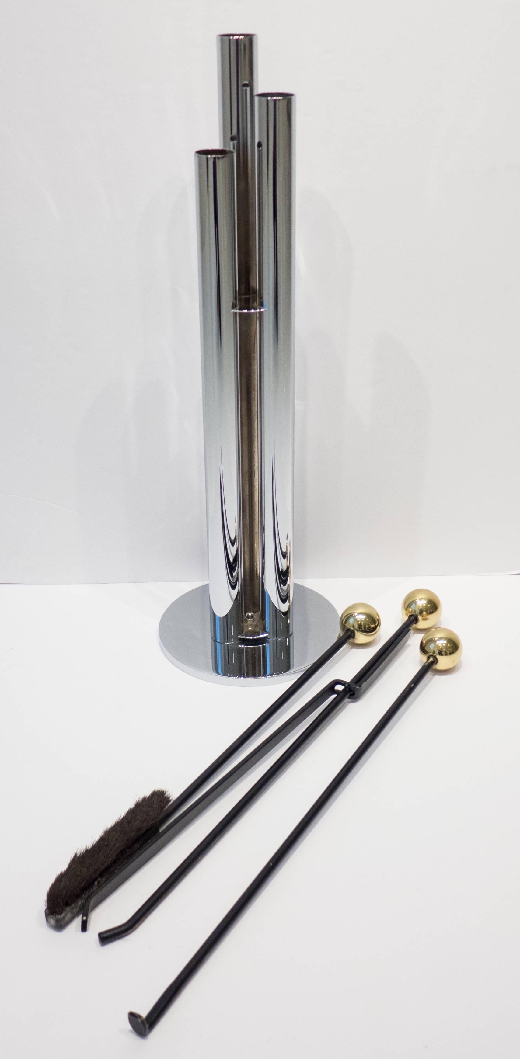 Minimalist Modernist Fireplace Tool Set in Chrome and Brass