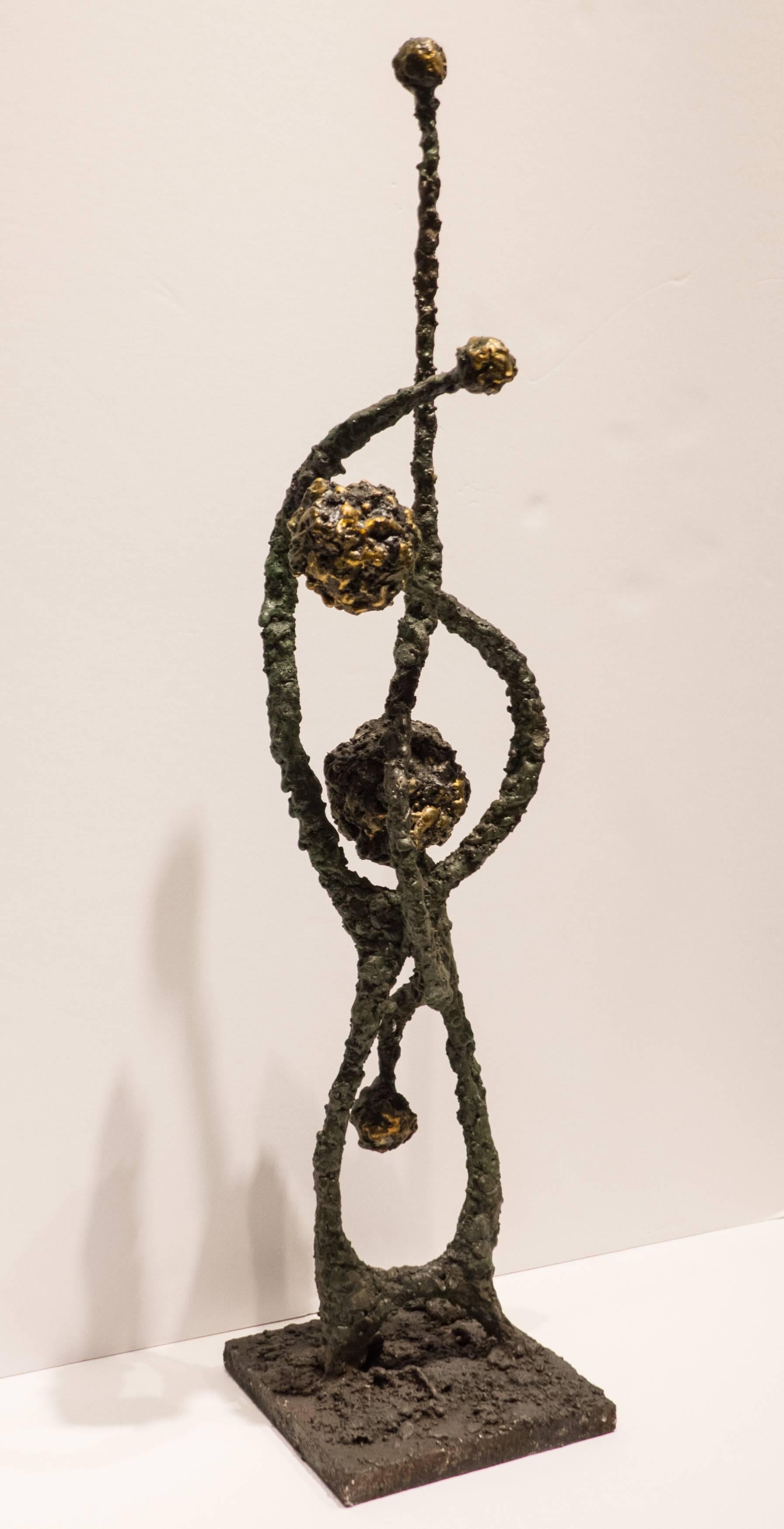 Brutalist sculpture of patinated steel and fused bronze, with a sinuously abstract botanical aspect, titled 