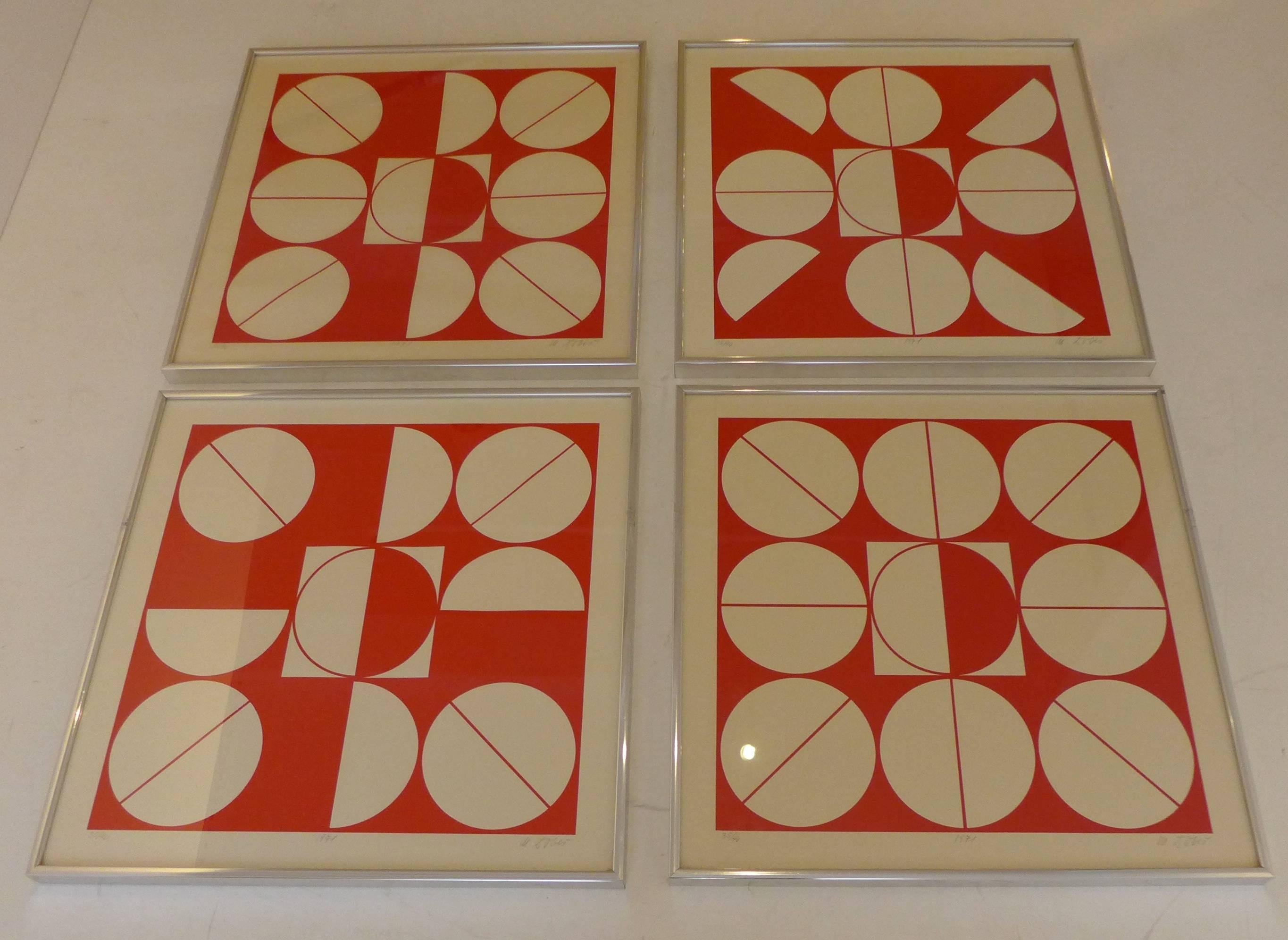 Set of four serigraphs, variations on a geometric theme, titled Kompozice (4) red, by Czech constructivist and optical-kinetic artist Milan Dobes (b. 1929).  Renowned in Czechoslovakia, where there is a Milan Dobes museum in Bratislava, he has also