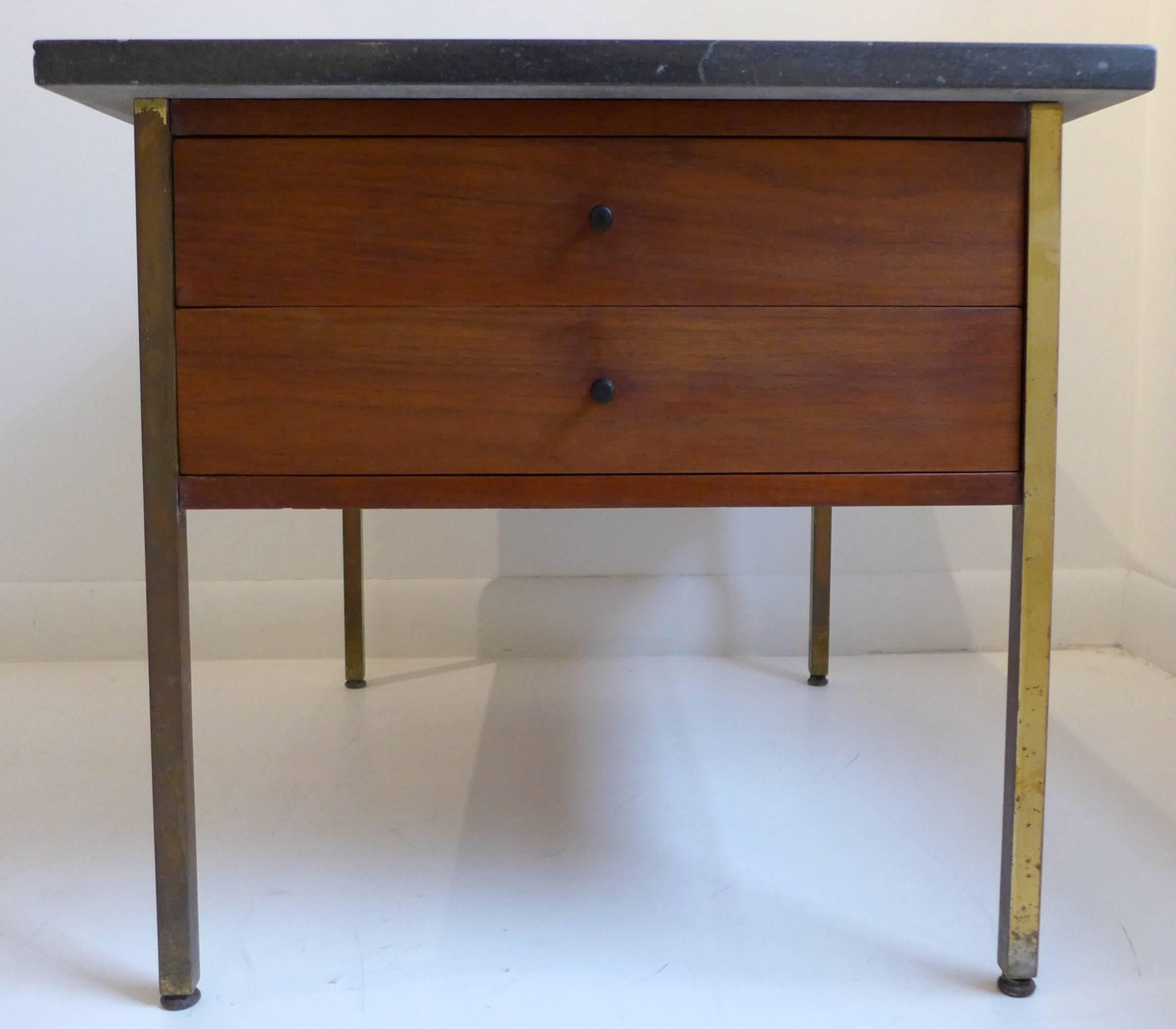 Side table or end table in walnut with brass legs, turned wooden pulls, and a travertine marble top. Designed by Milo Baughman for Arch Gordon, circa 1957. A nicely produced Baughman design, rarely seen compared to his work for Thayer-Coggin. Ref: