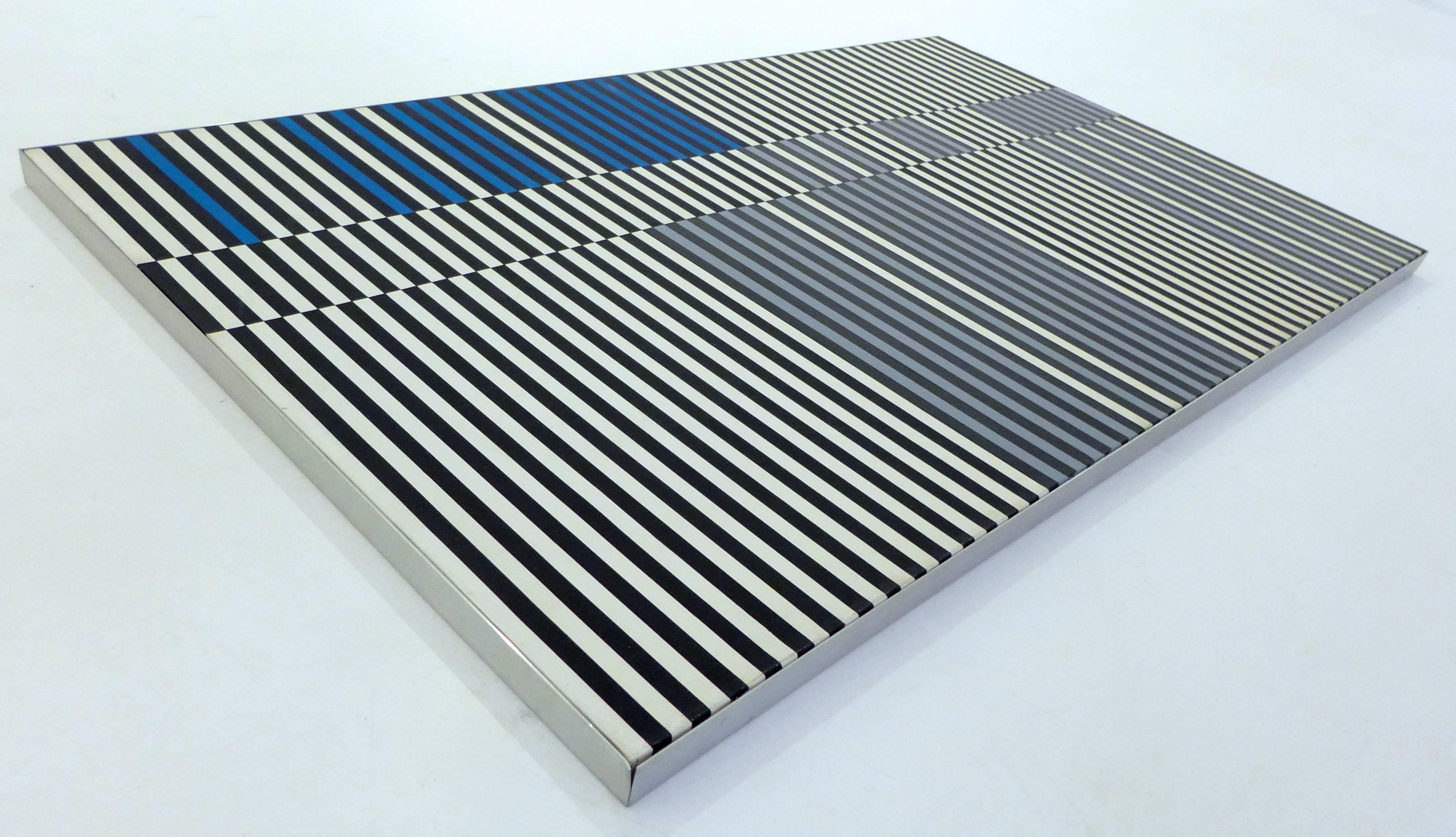 Technically precise stripe painting in black, white, blue and gray, from her 