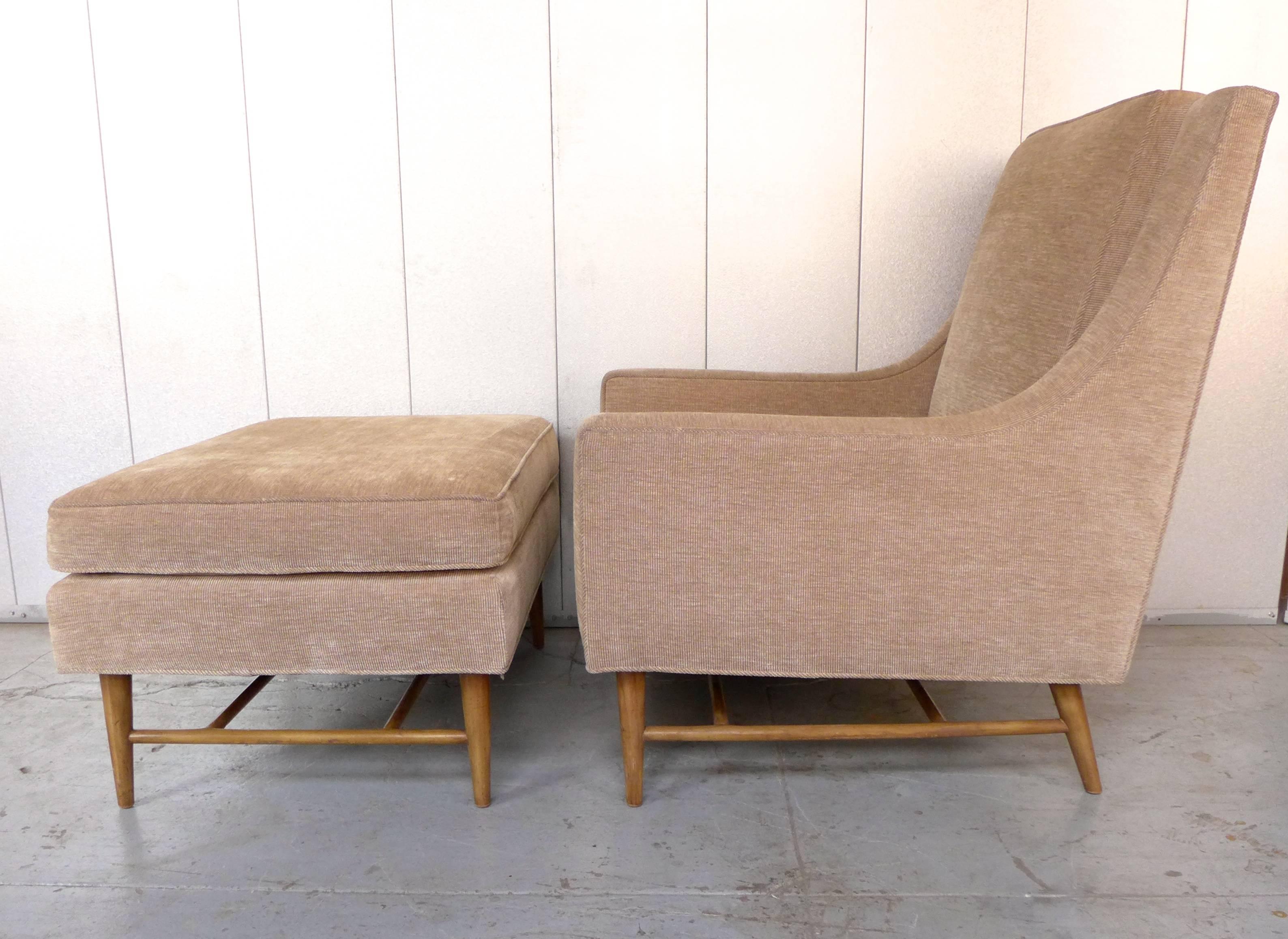 High-back lounge chair (model #468) with bleached mahogany legs and cross-stretchers; along with the corresponding ottoman (model #468A). Designed and produced by Harvey Probber, c. 1950's. Reupholstered in the past eight years.
A substantial and