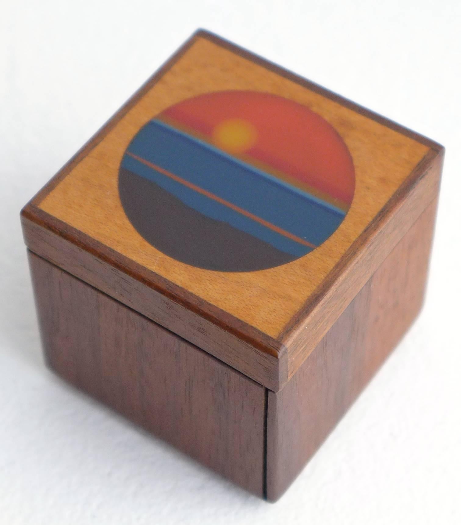 Small but vivid and masterful work by San Francisco Bay artisan Robert McKeown (1931-1989). A graduate of the California College of Arts and Crafts, McKeown was a color theorist and woodworker who won acclaim for his innovative resin inlays on a