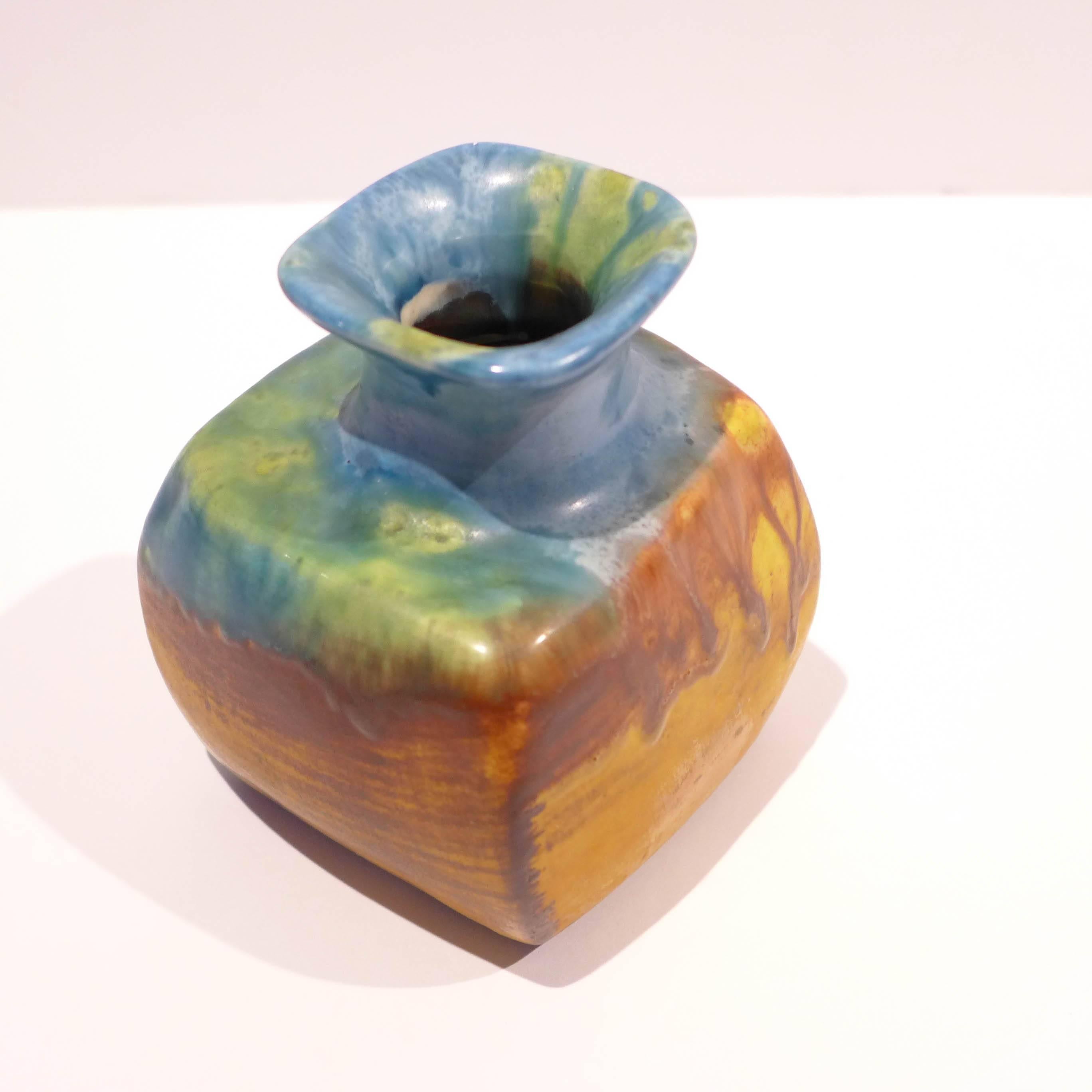 Small vase with colorful drip glaze by Italian ceramist and designer Marcello Fantoni, likely distributed by Raymor, circa 1950s.