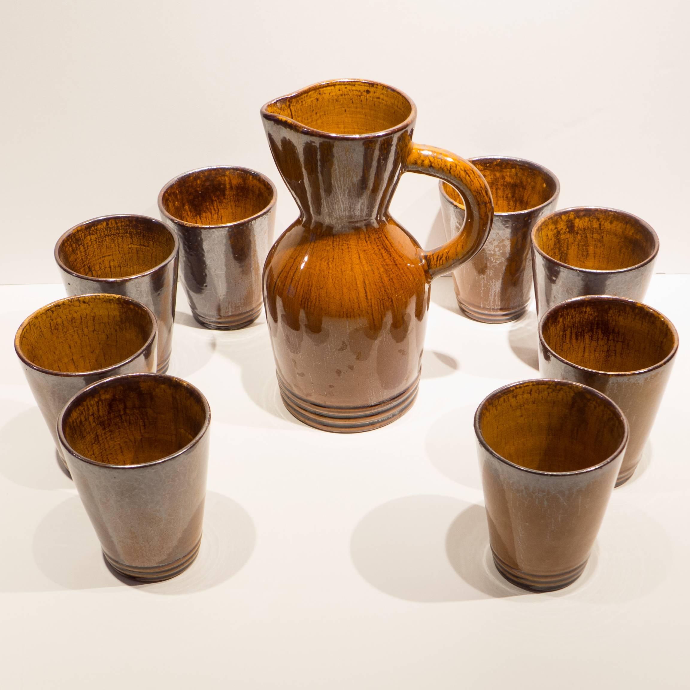 Mid-Century Modern Pitcher with Eight Cups by Atelier Du Grand Chene