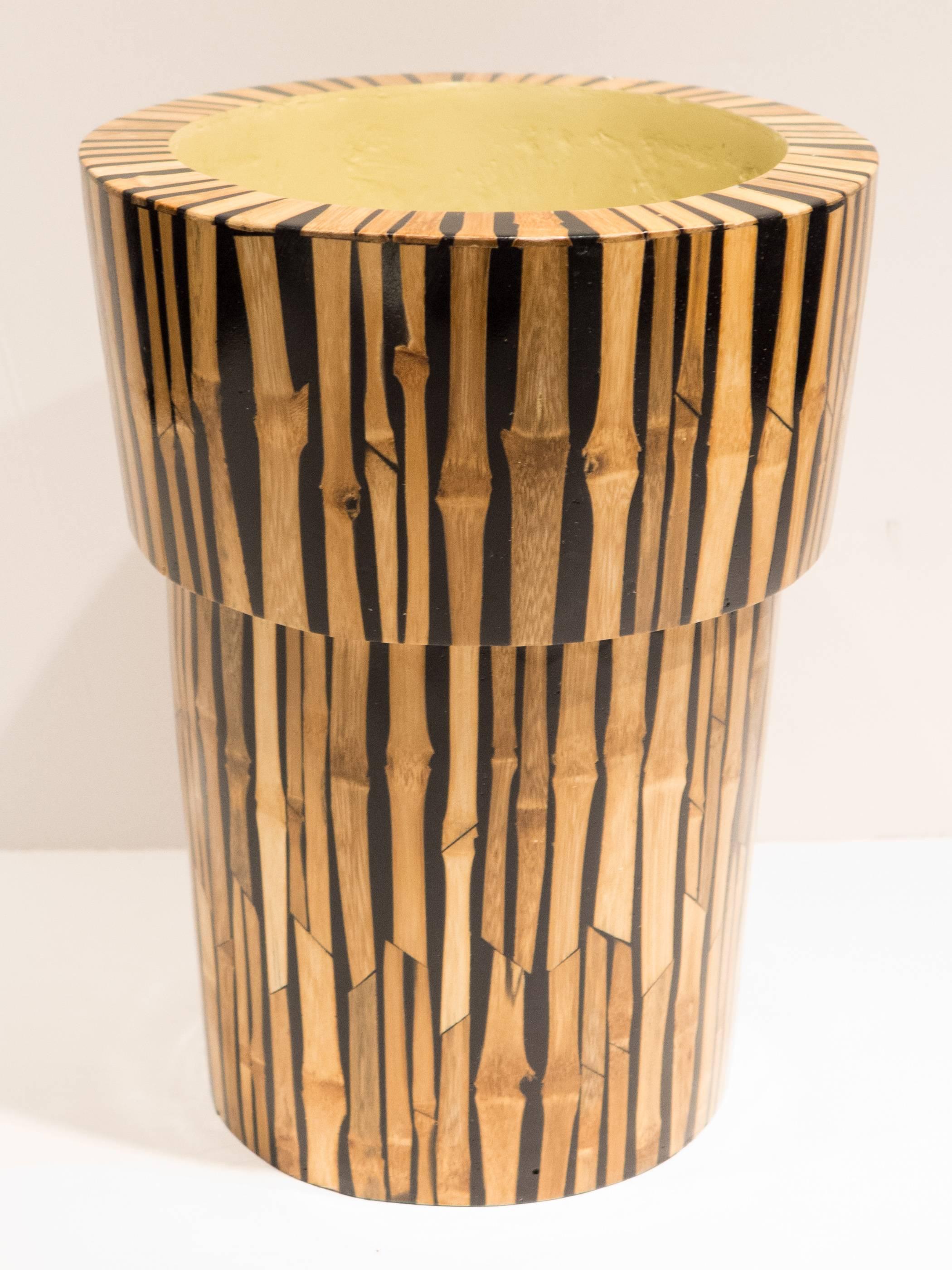Tall wooden ridged vase with vividly-patterned bamboo inlaid exterior and painted interior. Made in the Philippines, circa 1990s for Ria & Yiouri Augousti of Paris.
