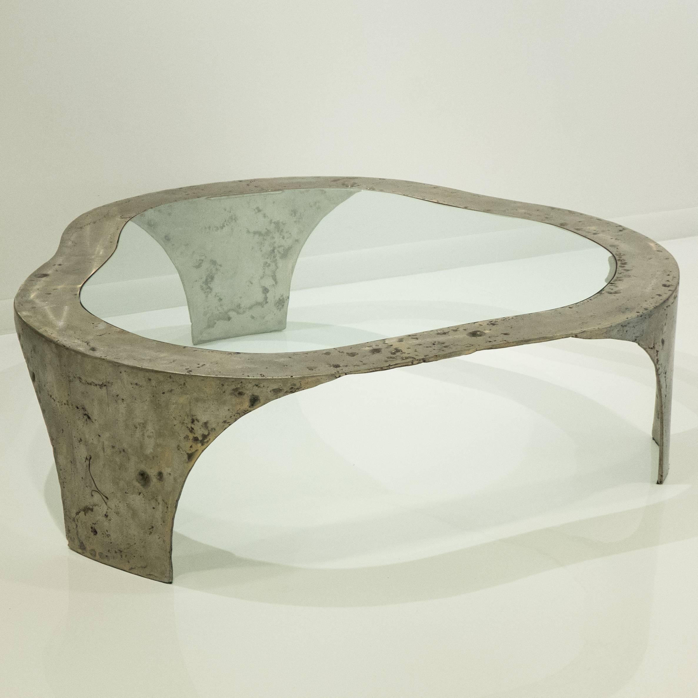 Large free-form "Duomo" cocktail table of steel with a pewter and copper wash, and a glass insert. By New York City artist and designer Silas Seandel, circa 2000.
From the original owner, with documentation from the project.