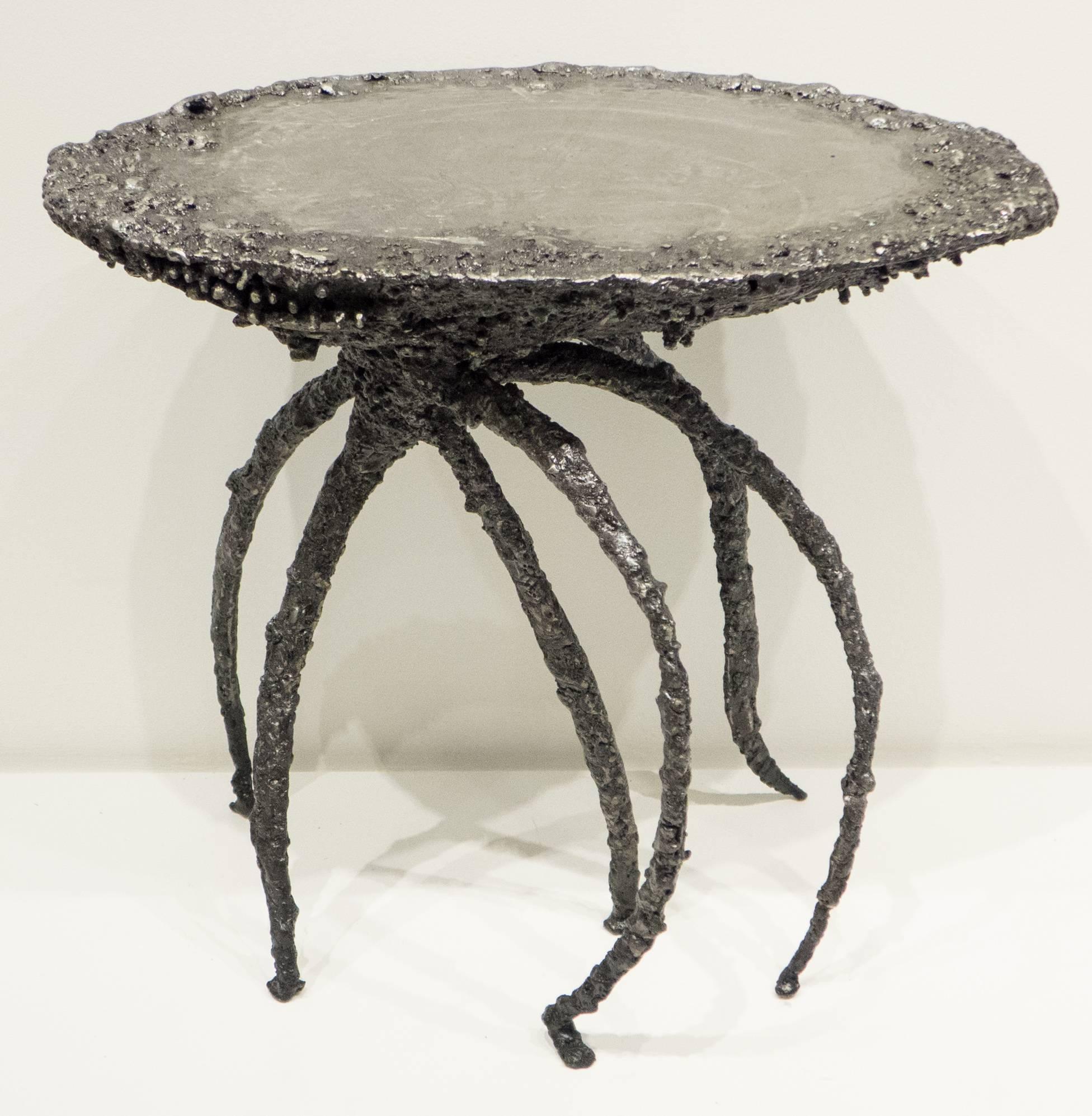 Anthropomorphic side table of torch-cut, welded, textured and enameled steel. By American artist James Bearden. Bearden's work was recently featured in a solo exhibition at the NY Design Center titled 