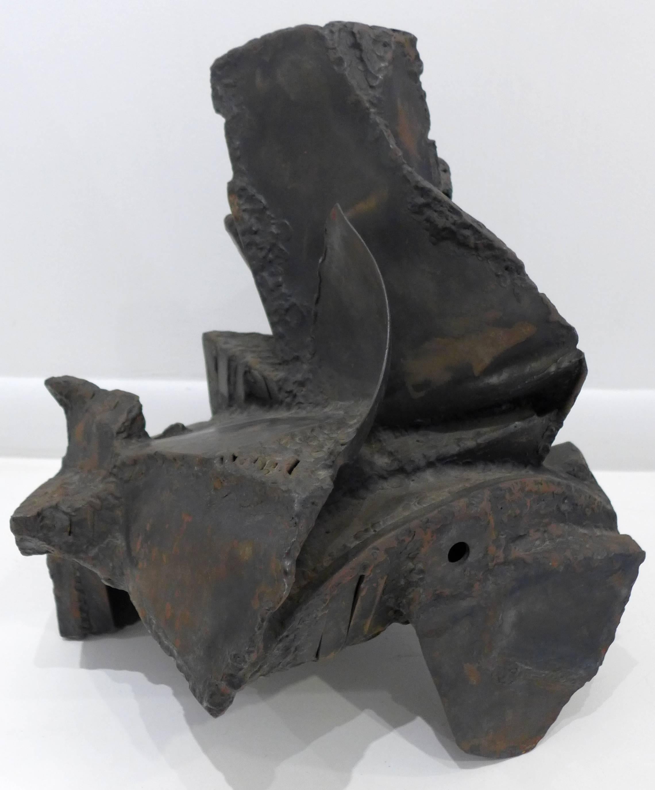 Abstract Brutalist sculpture of found and re-purposed iron Industrial parts, by Harry Bouras (1931-1990). Signed and dated 1966. Bouras was an artist, critic, teacher and radio personality in Chicago. He was artist-in-residence at the University of