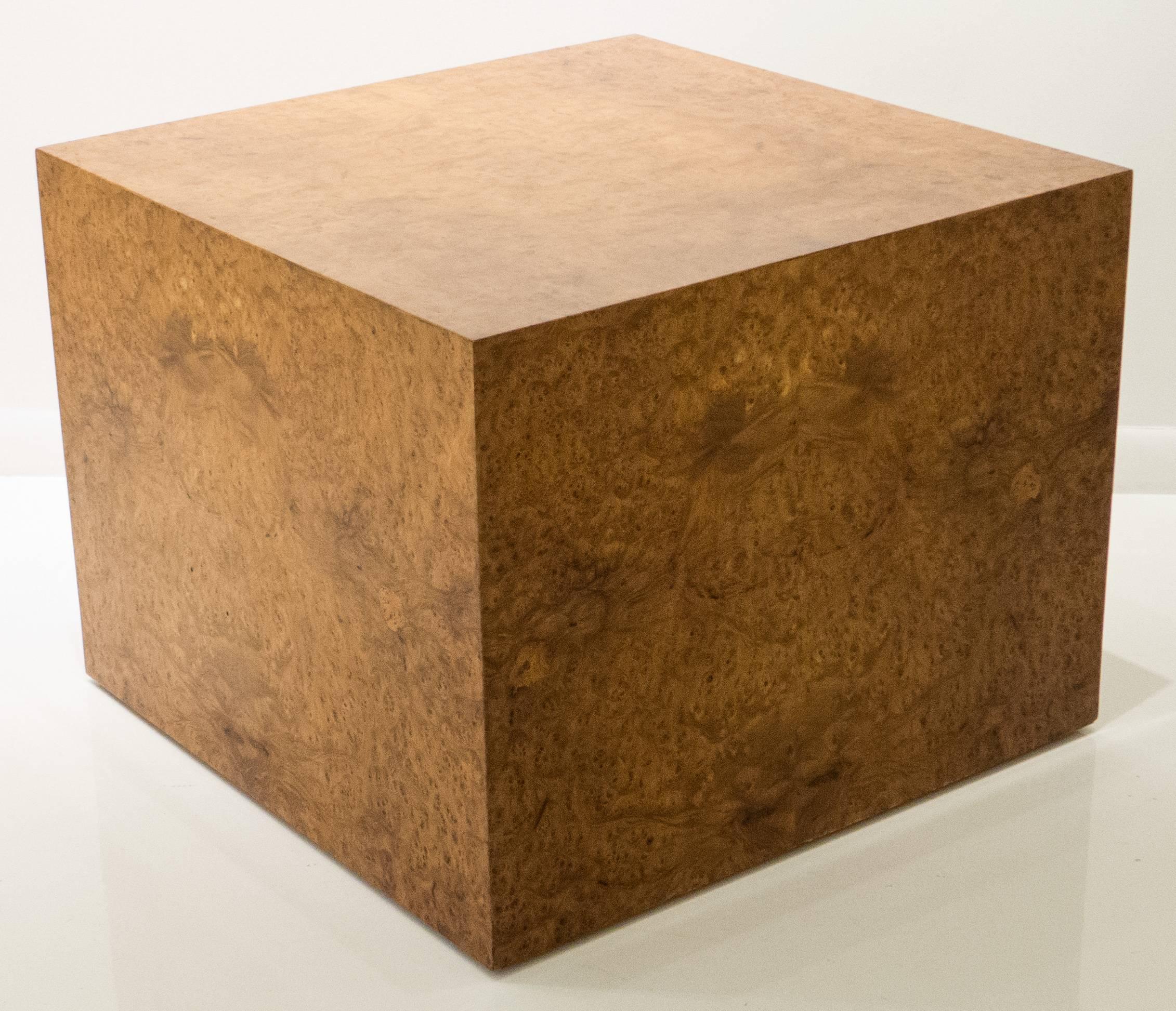 Large volumetric side table covered in book-matched burled wood (probably birdseye maple) veneer. In the manner of Milo Baughman or Edward Wormley. From the estate of Elaine Lustig Cohen.  See insitu photo, attached, taken circa 1962 in the living
