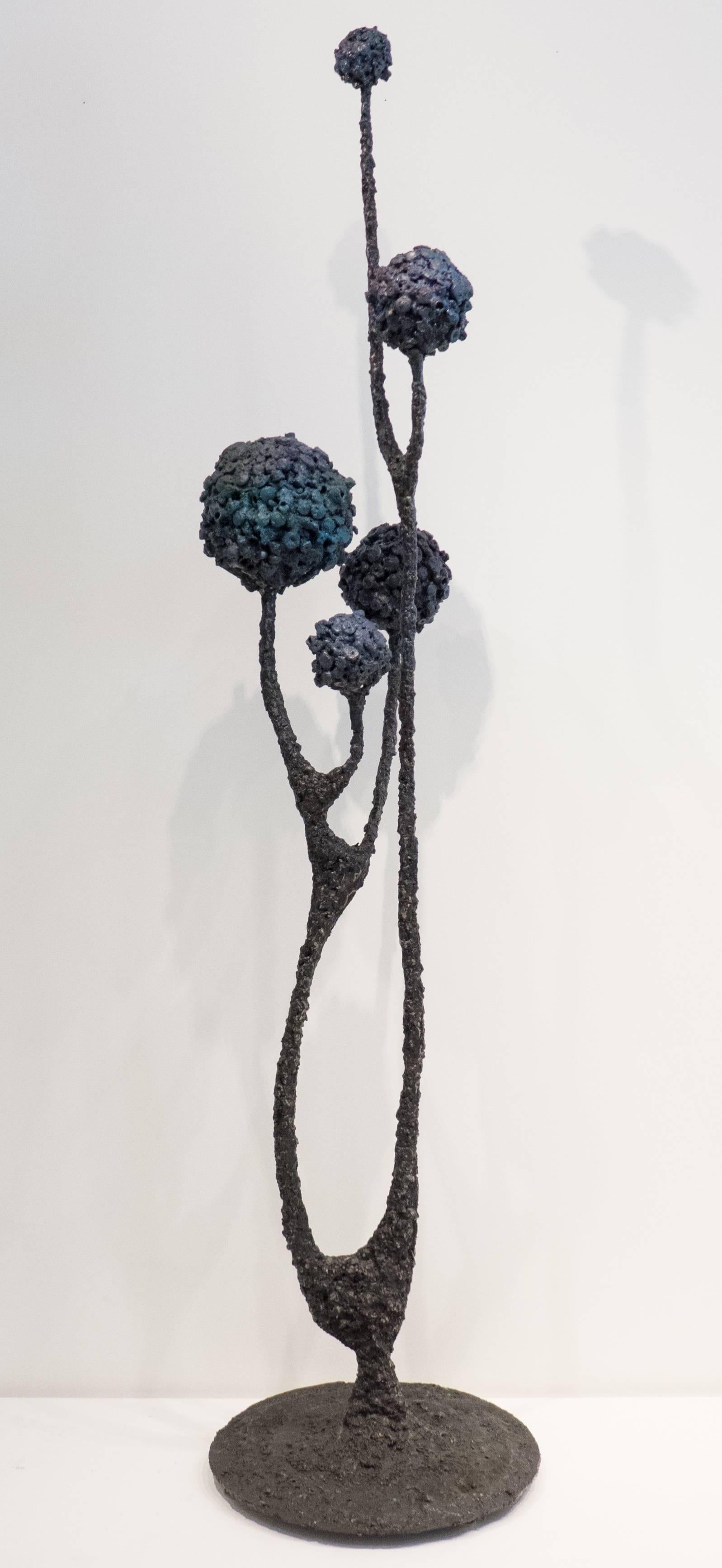 Sinuous botanical abstract sculpture of blackened steel and glass enamel. A Brutalist work by Des Moines, Iowa artist James Bearden, titled "Colony." Bearden's work was featured recently in a solo exhibition at the NY Design Centerin