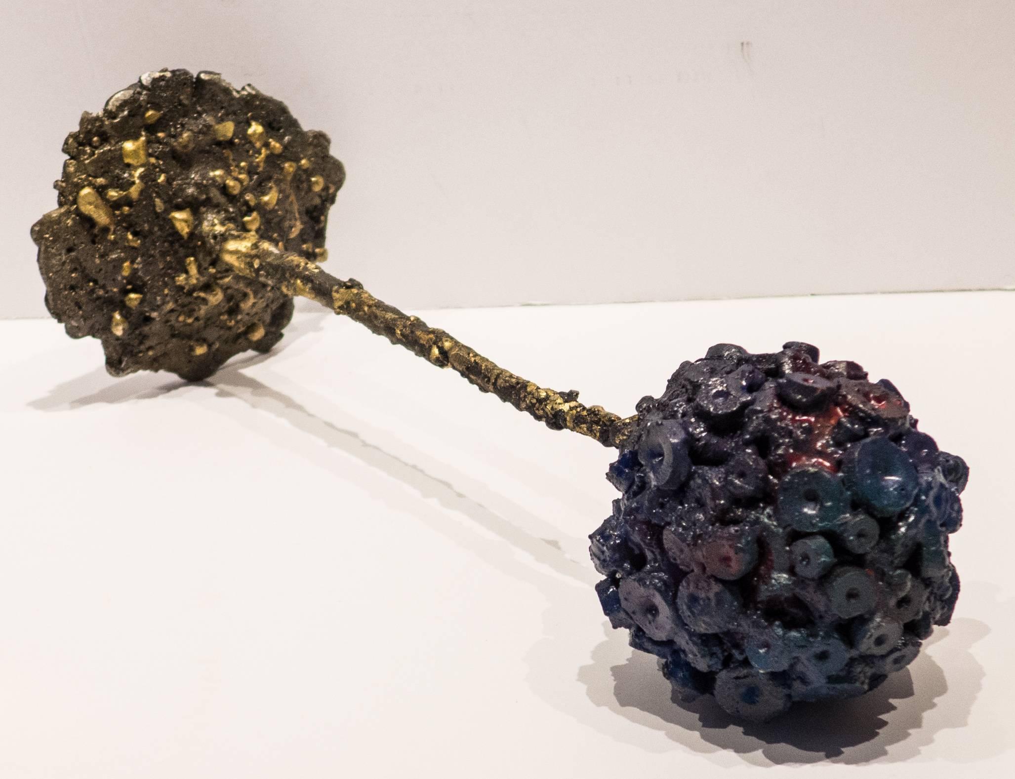 Brutalist botanical sculpture of blackened steel with bronze and glass titled "Allium (Blue)" by Des Moines, Iowa artist James Bearden. Bearden's work was recently featured in a solo exhibition at the NY Design Center titled "James