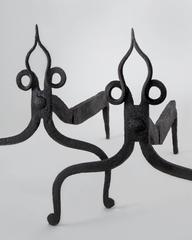 Rustic Blackened Wrought Iron Andirons, with Spade Shaped Finials, Circa 1920s