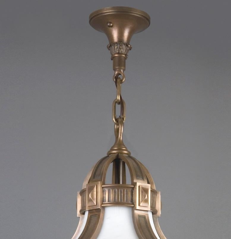 Cast Bronze Neoclassical Pendant Lantern with Curved Opal White Glass Circa 1900 In Good Condition In New York, NY