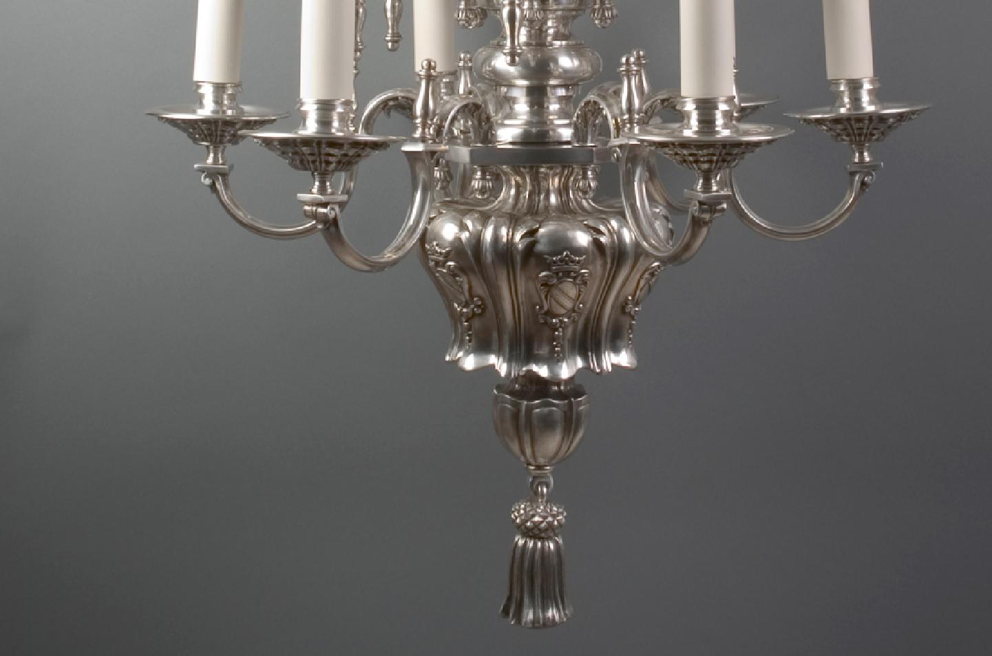 20th Century Twelve Arm Baroque Silverplate Chandelier by Pettingell Andrews Co. Circa 1910 For Sale