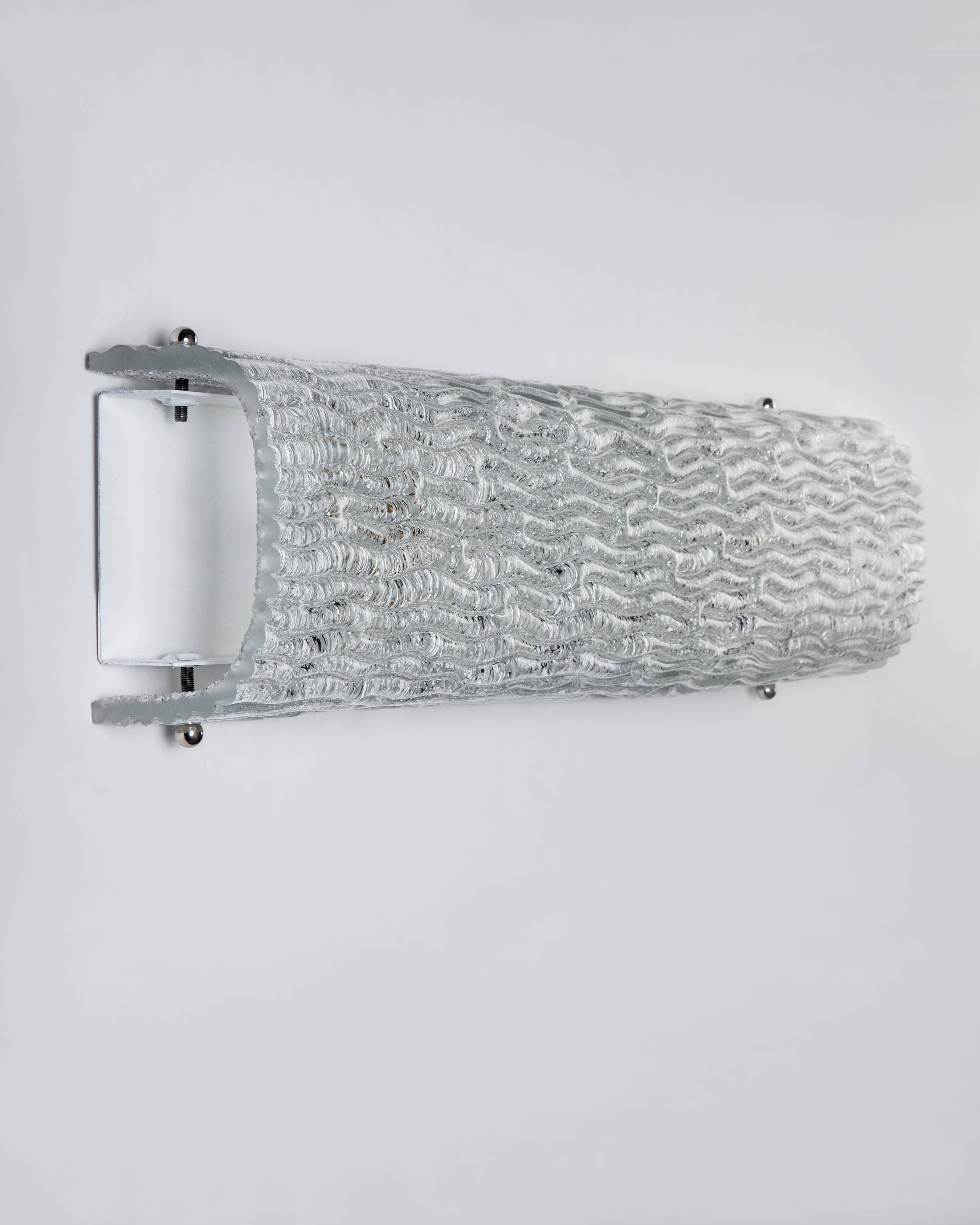 Plated Large Mid-Century Italian Glass Sconces with Textured Wave Pattern Circa 1960s For Sale