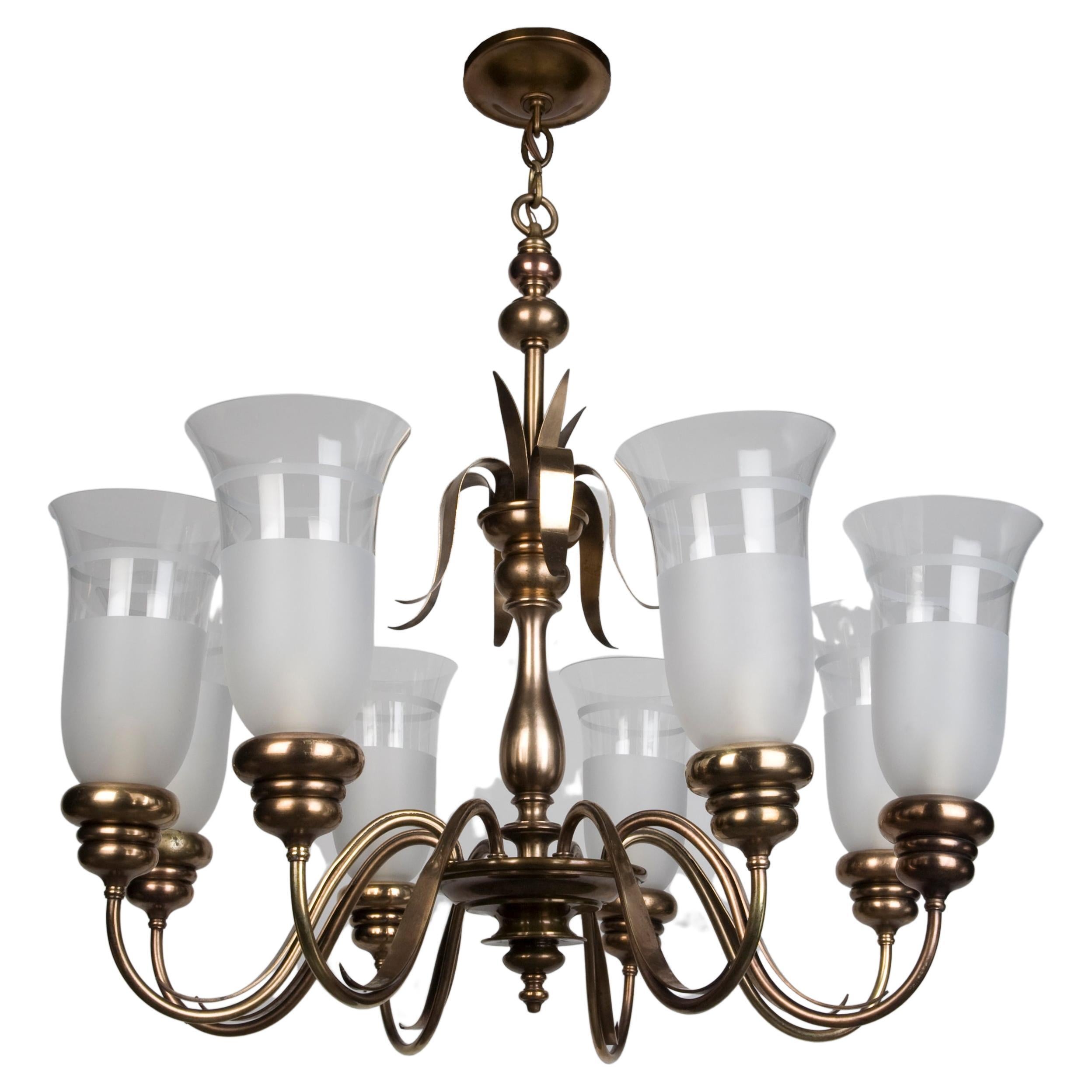 E. F. Caldwell Brass Chandelier with Frosted Hurricane Glass Shades, Circa 1940s