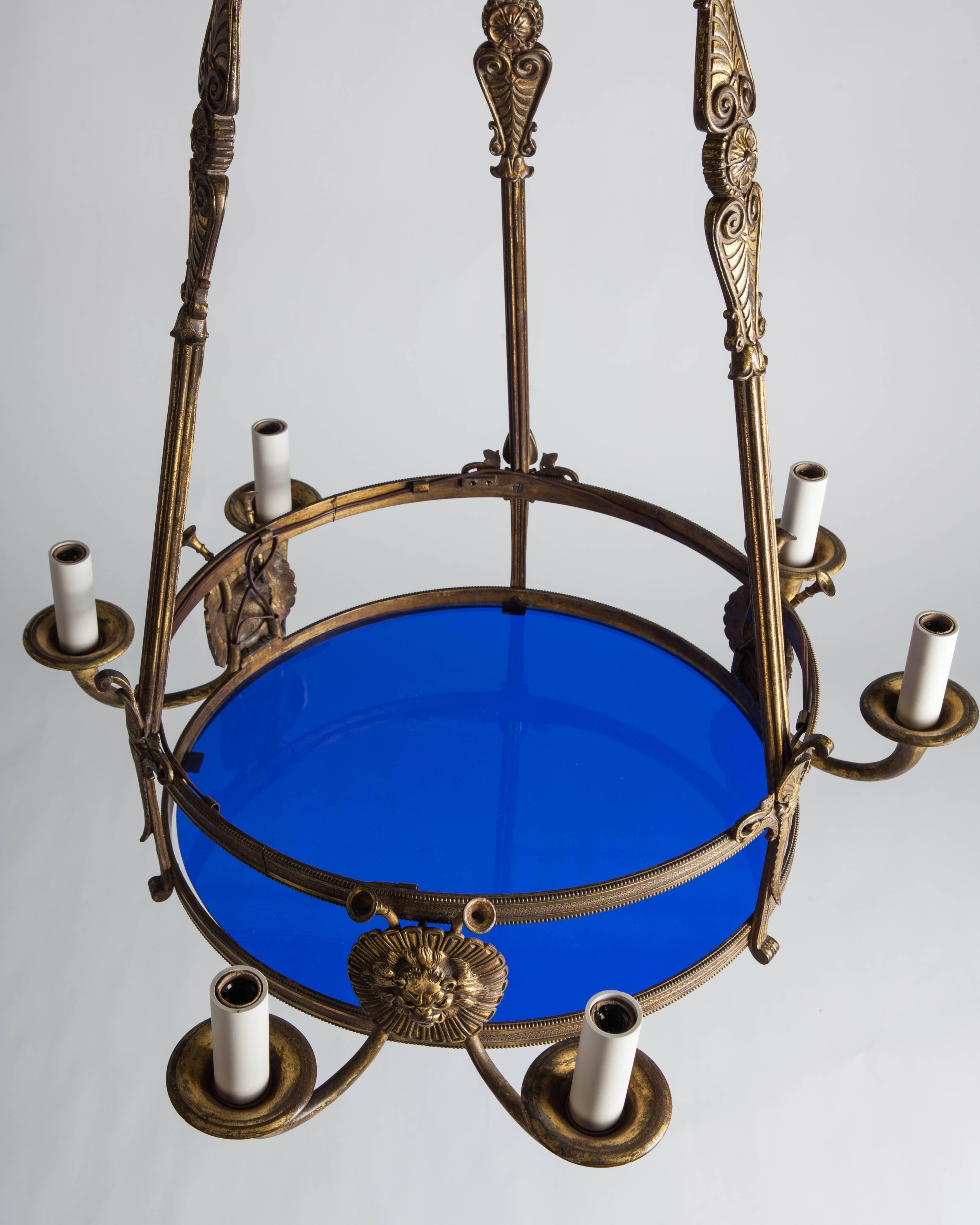 Antique Bronze Empire Chandelier with Cobalt Blue Glass In Good Condition In New York, NY