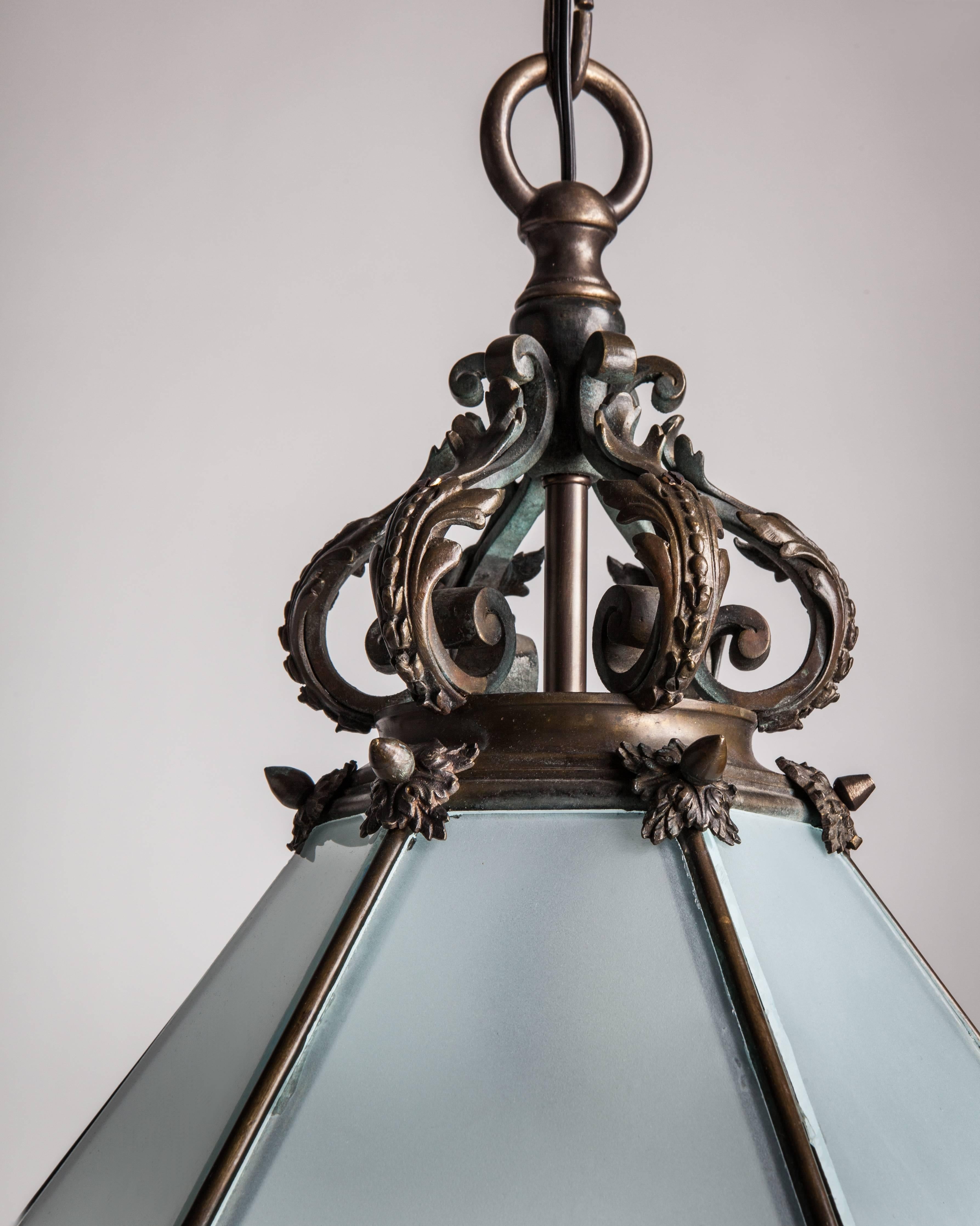 Baroque Hexagonal Bronze and Frosted Glass Lantern, Circa 1900