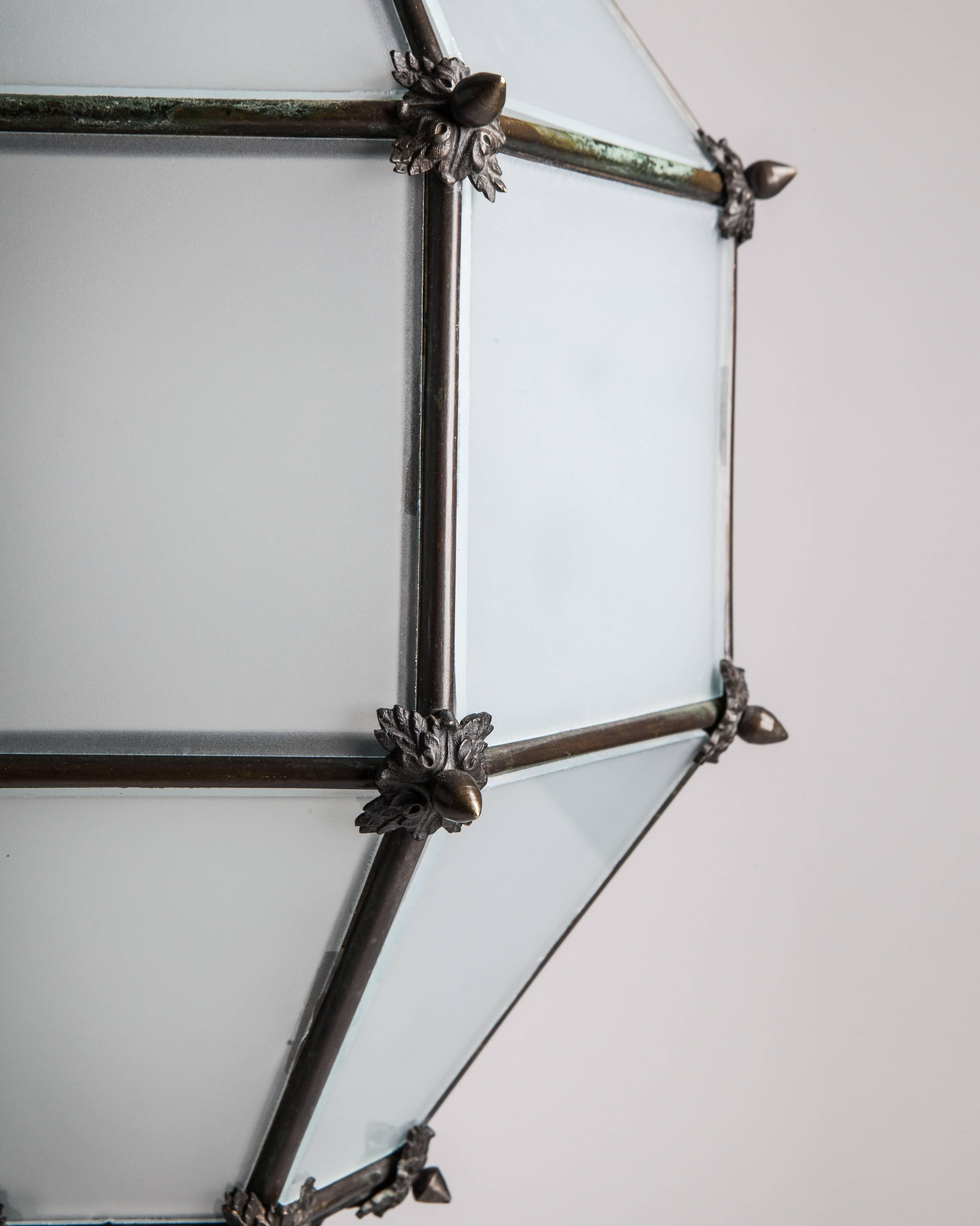 Hexagonal Bronze and Frosted Glass Lantern, Circa 1900 In Excellent Condition In New York, NY