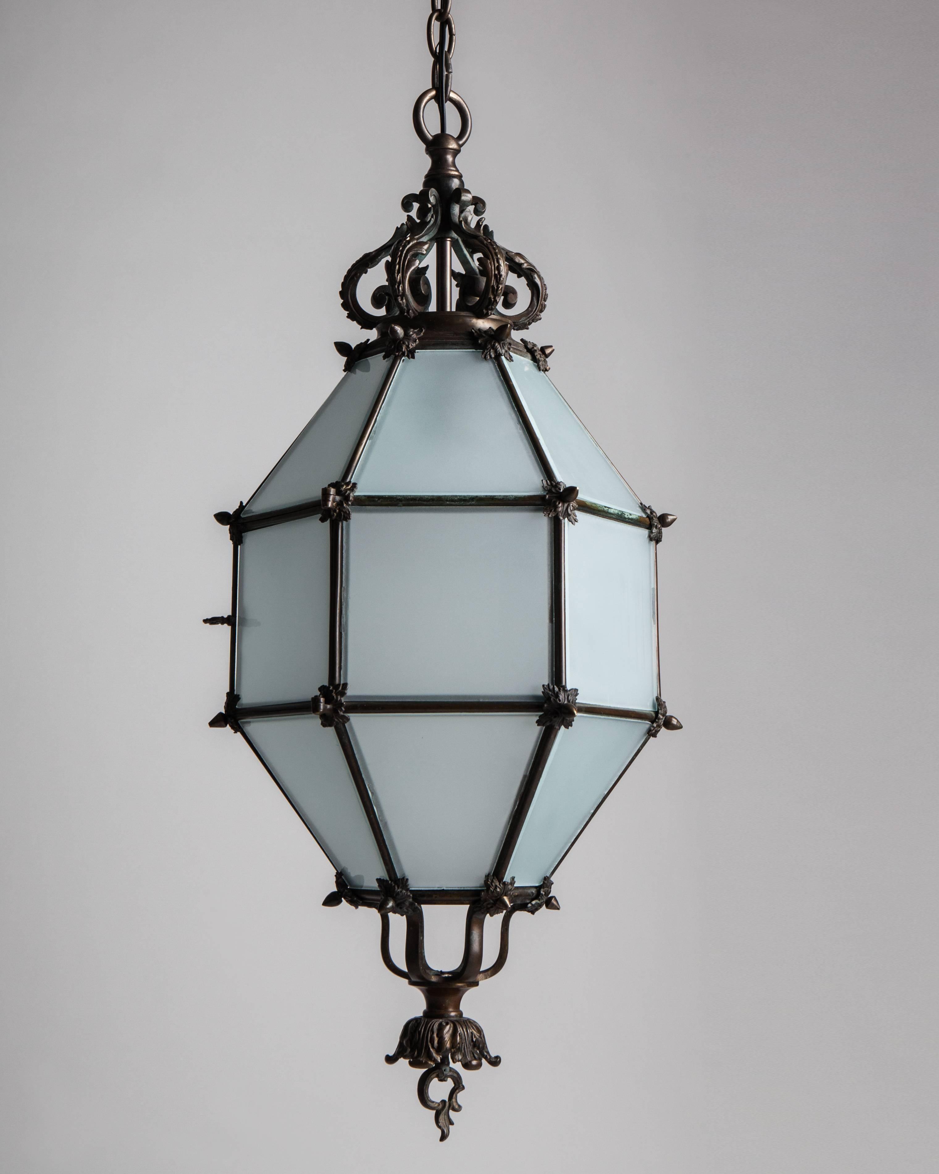 Early 20th Century Hexagonal Bronze and Frosted Glass Lantern, Circa 1900