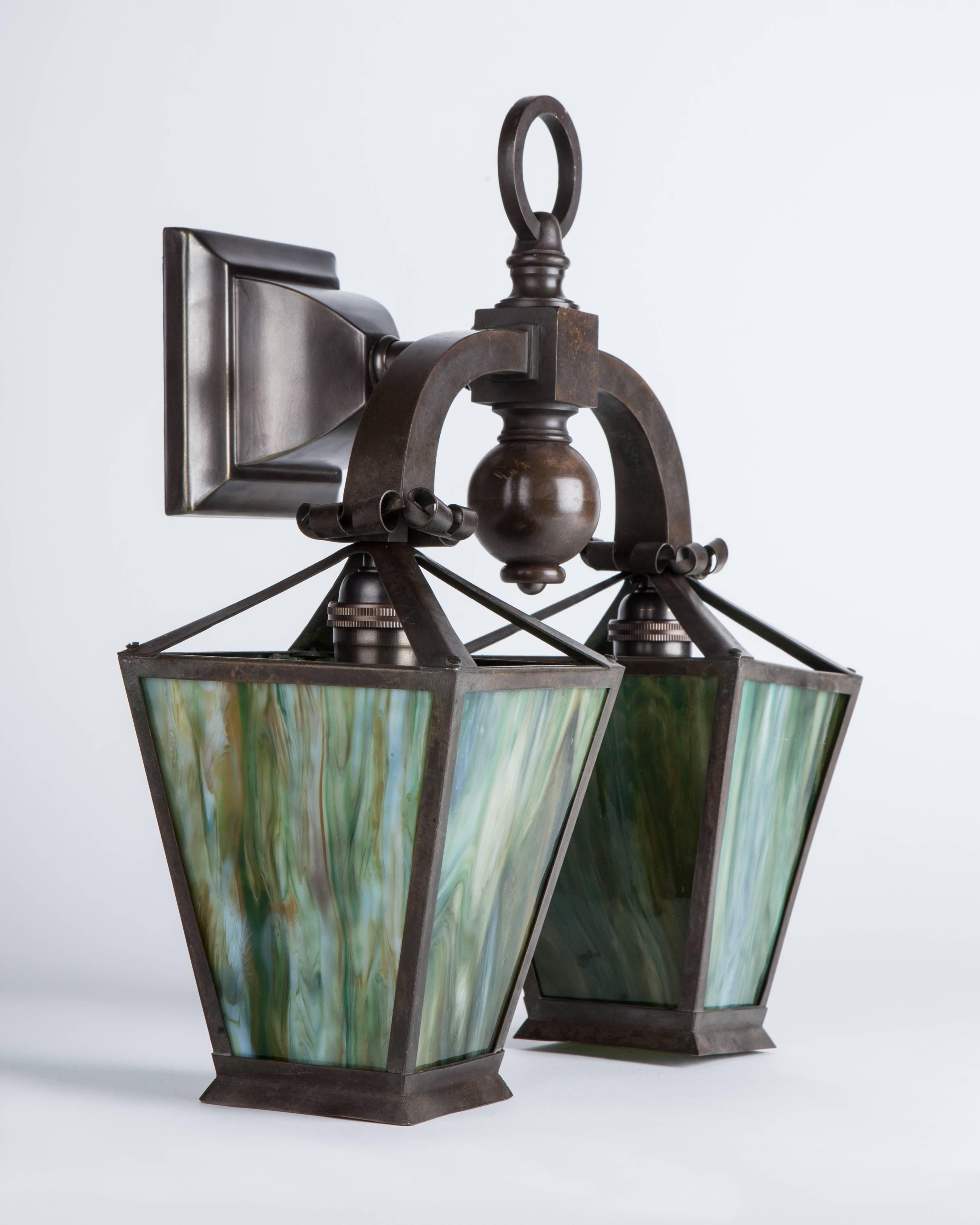 Arts and Crafts Green Art Glass and Brass Sconces, Circa 1920 at