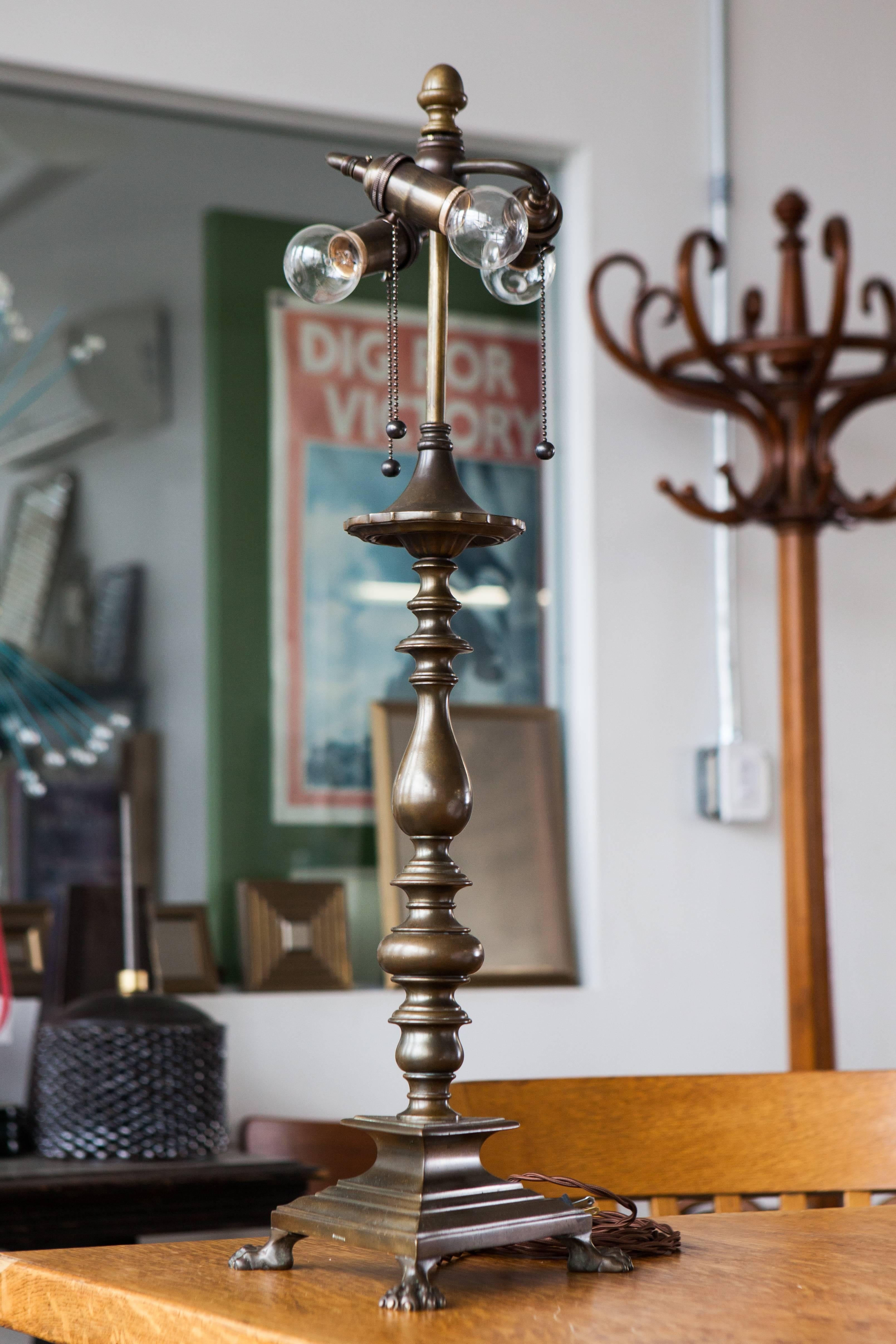 American Dark Bronze Tripod Base Table Lamp with Paw Feet by E. F. Caldwell, Circa 1920s