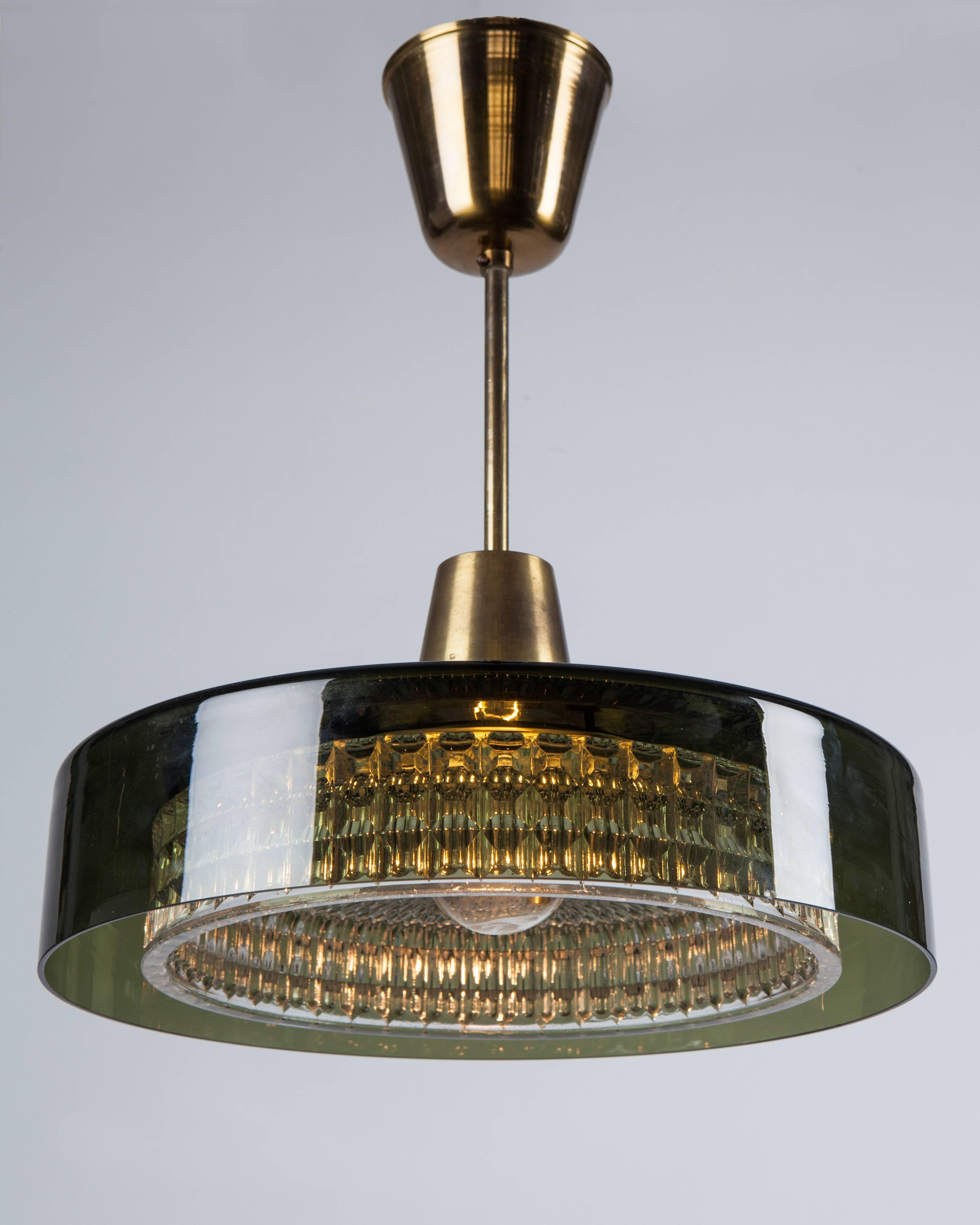 Mid-Century Modern Orrefors Olive Glass and Brass Pendant, Circa 1970