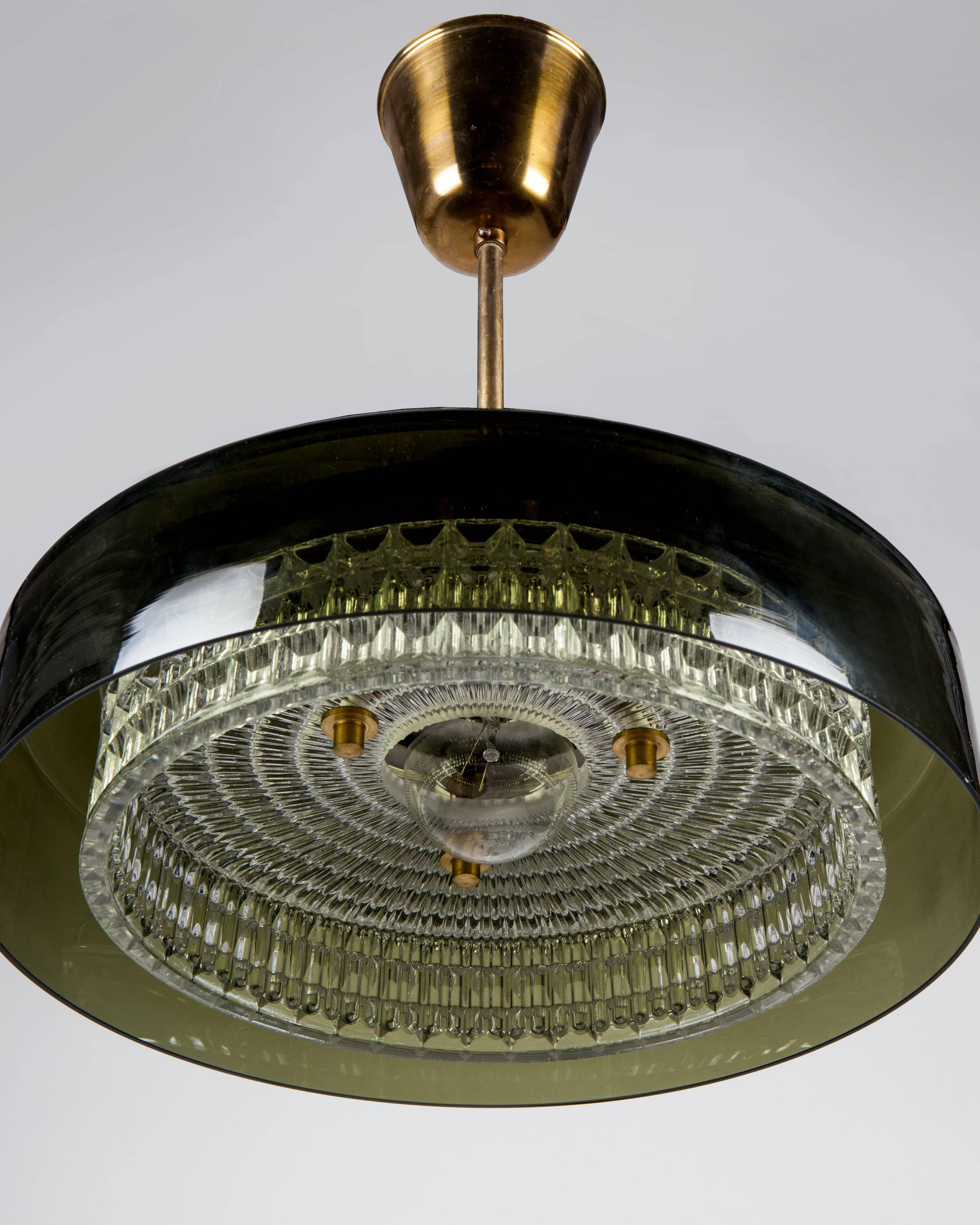 Swedish Orrefors Olive Glass and Brass Pendant, Circa 1970