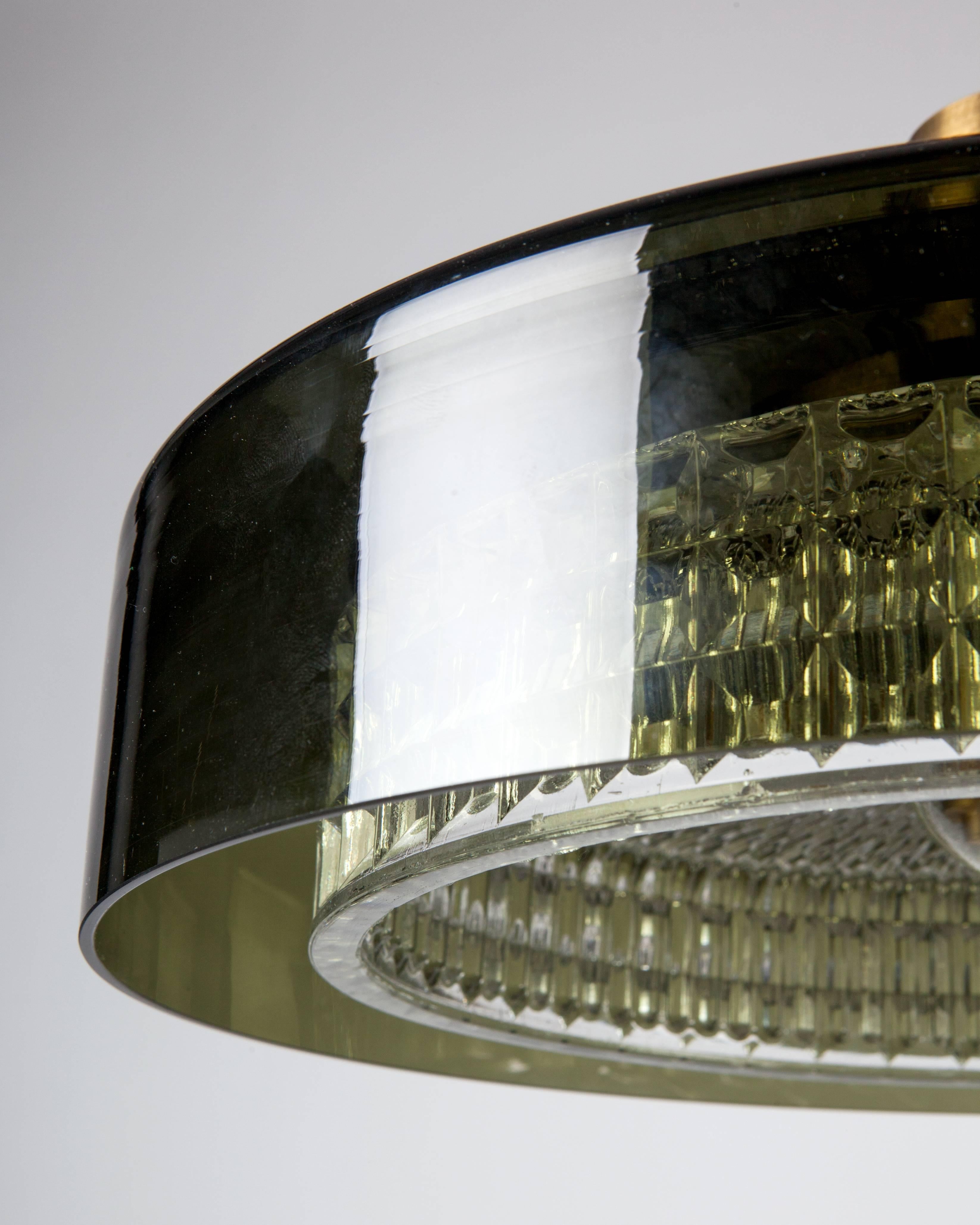 Orrefors Olive Glass and Brass Pendant, Circa 1970 In Excellent Condition In New York, NY