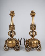 Gilded Bronze Andirons with Scrolls Attributed to Sterling Bronze Co. Circa 1920