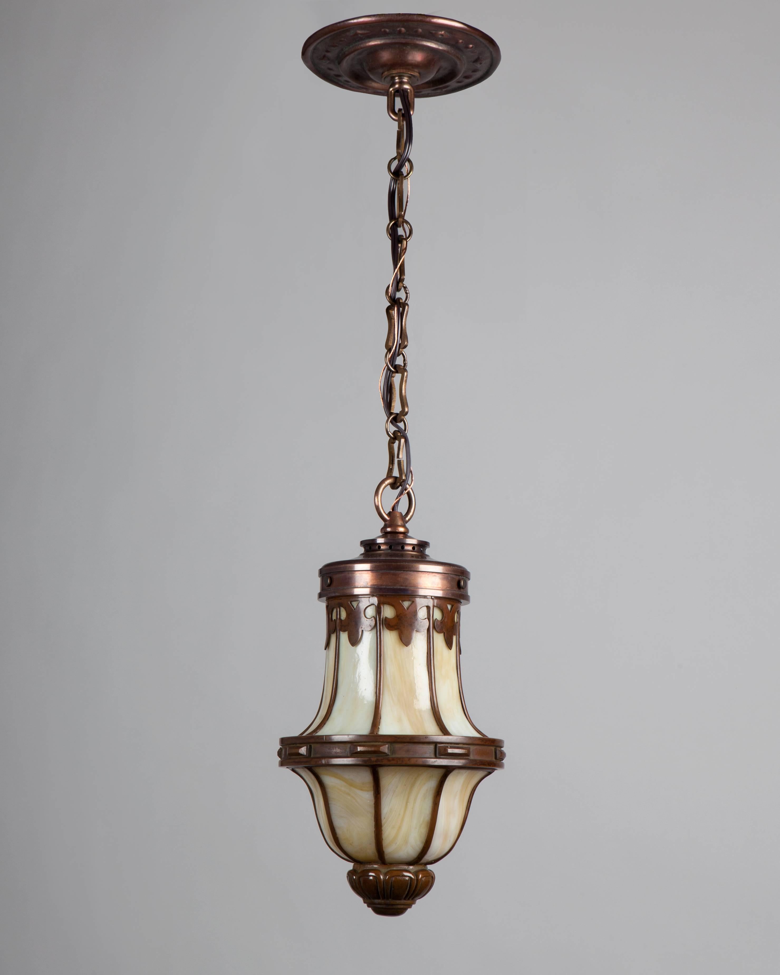 North American Copper and Bronze Arts and Crafts Lantern with Leaded Glass, Circa 1920 For Sale