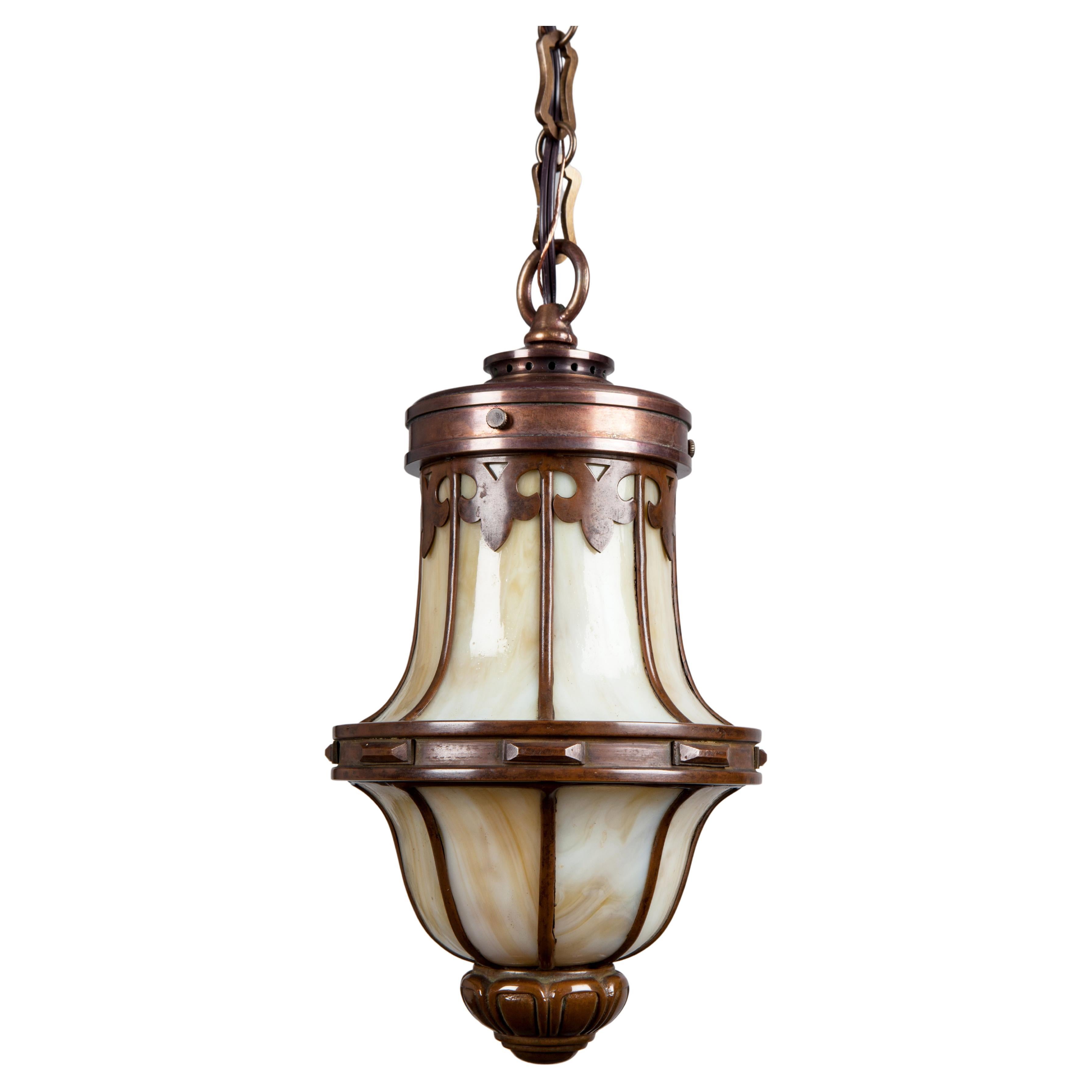 Copper and Bronze Arts and Crafts Lantern with Leaded Glass, Circa 1920 For Sale