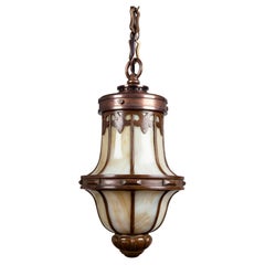 Vintage Copper and Bronze Arts and Crafts Lantern with Leaded Glass, Circa 1920