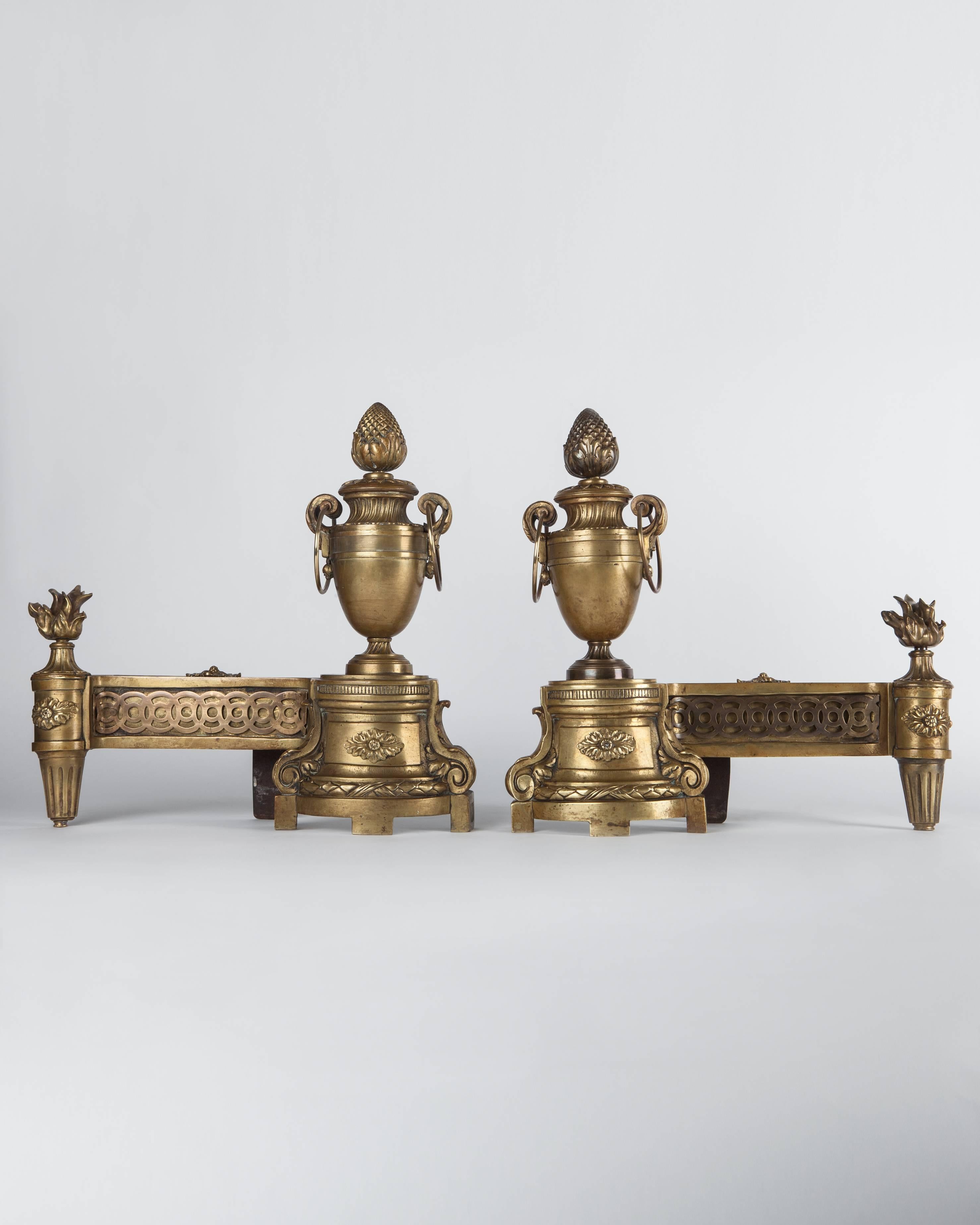 Iron French Urn Form Chenets with Flame and Pinecone Finials in Aged Brass, c. 1860s For Sale