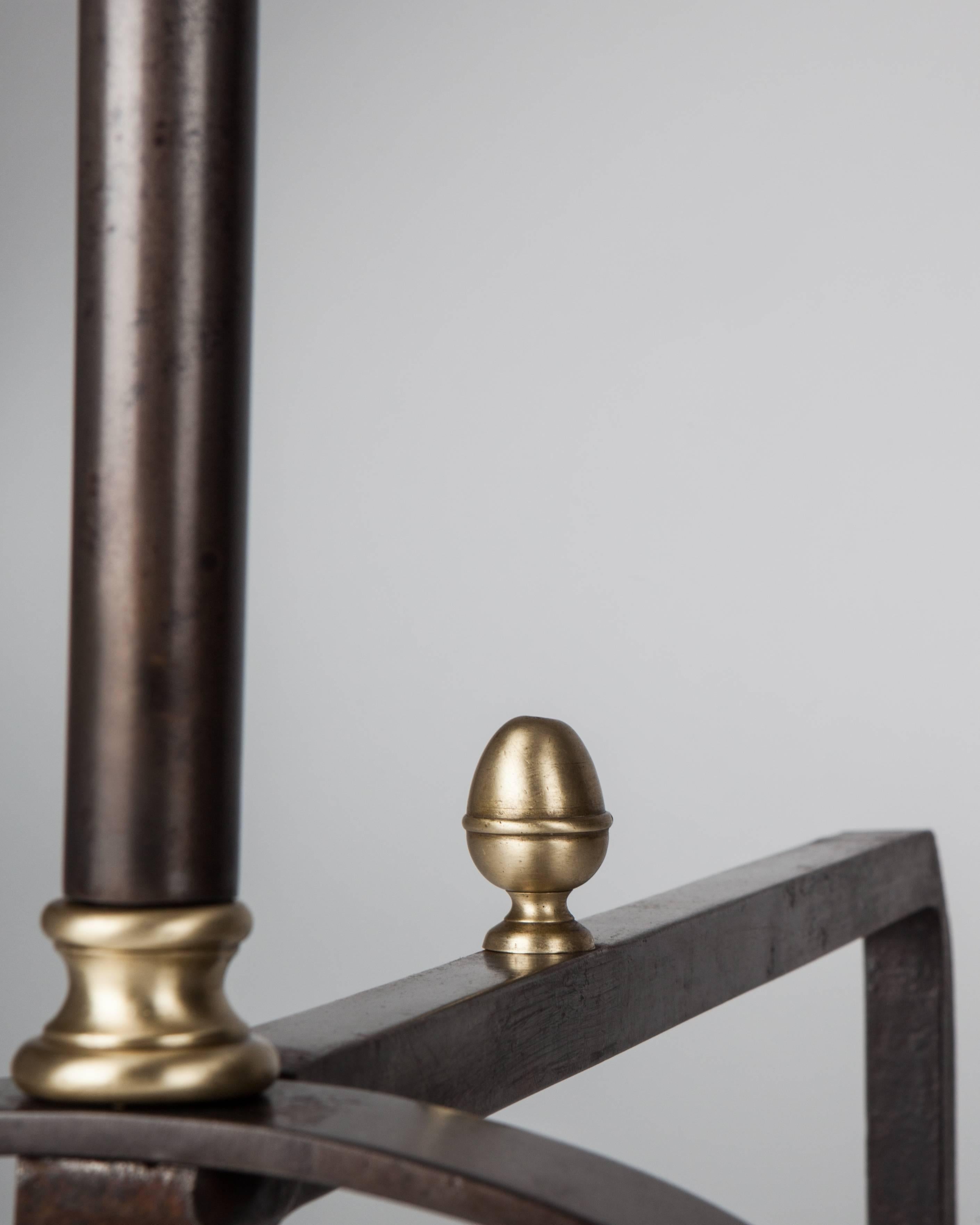 Mid-20th Century Wrought Iron Andirons with Scrolls and Brass Acorn Finials