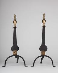 Blackened Wrought Iron Knife Blade Andirons with Brass Urn Finials, Circa 1900s