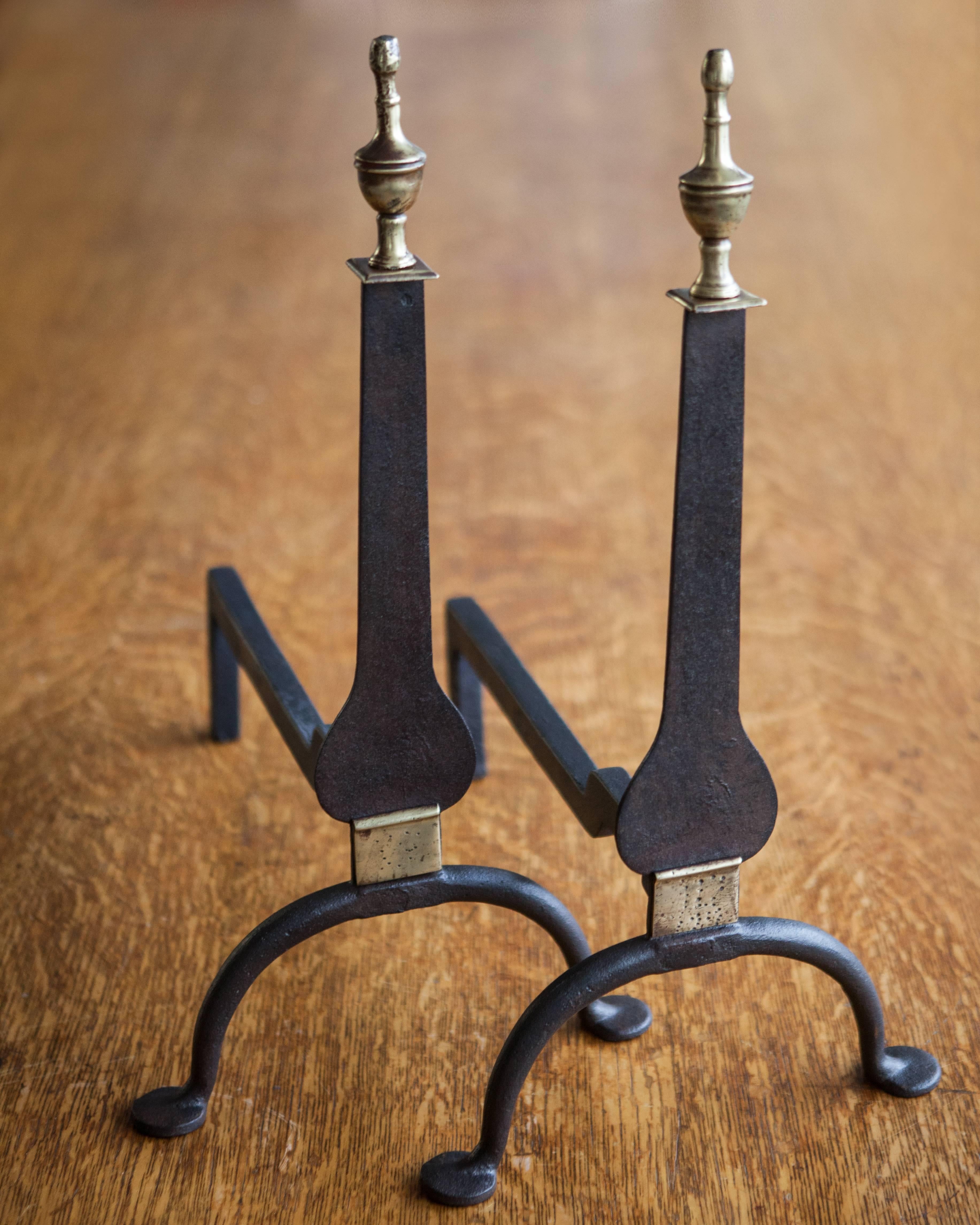 Early 20th Century Brass and Blackened Wrought Iron Knife Blade Andirons, Circa 1900s For Sale