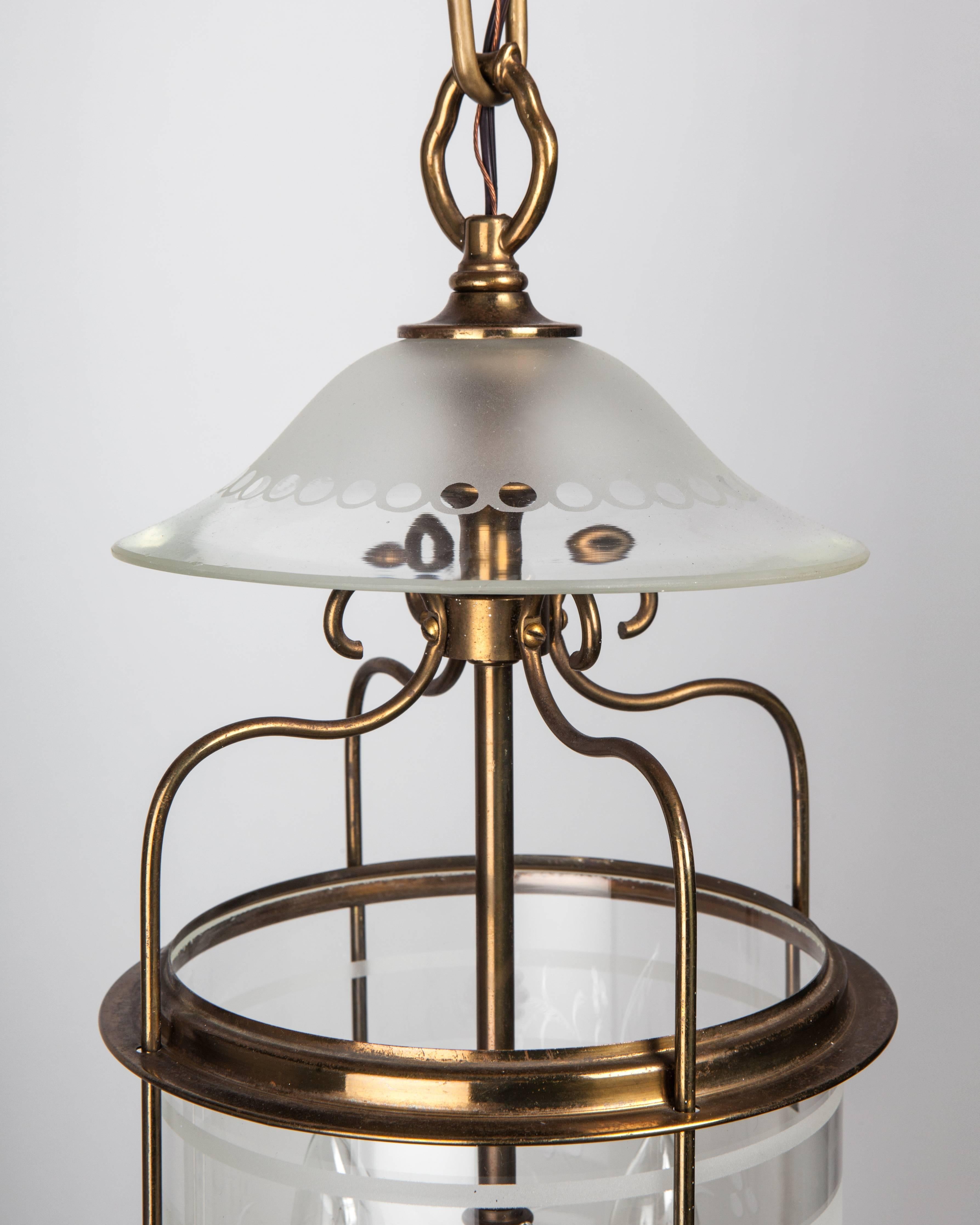 Etched Glass and Brass Lantern, circa 1930 In Excellent Condition In New York, NY