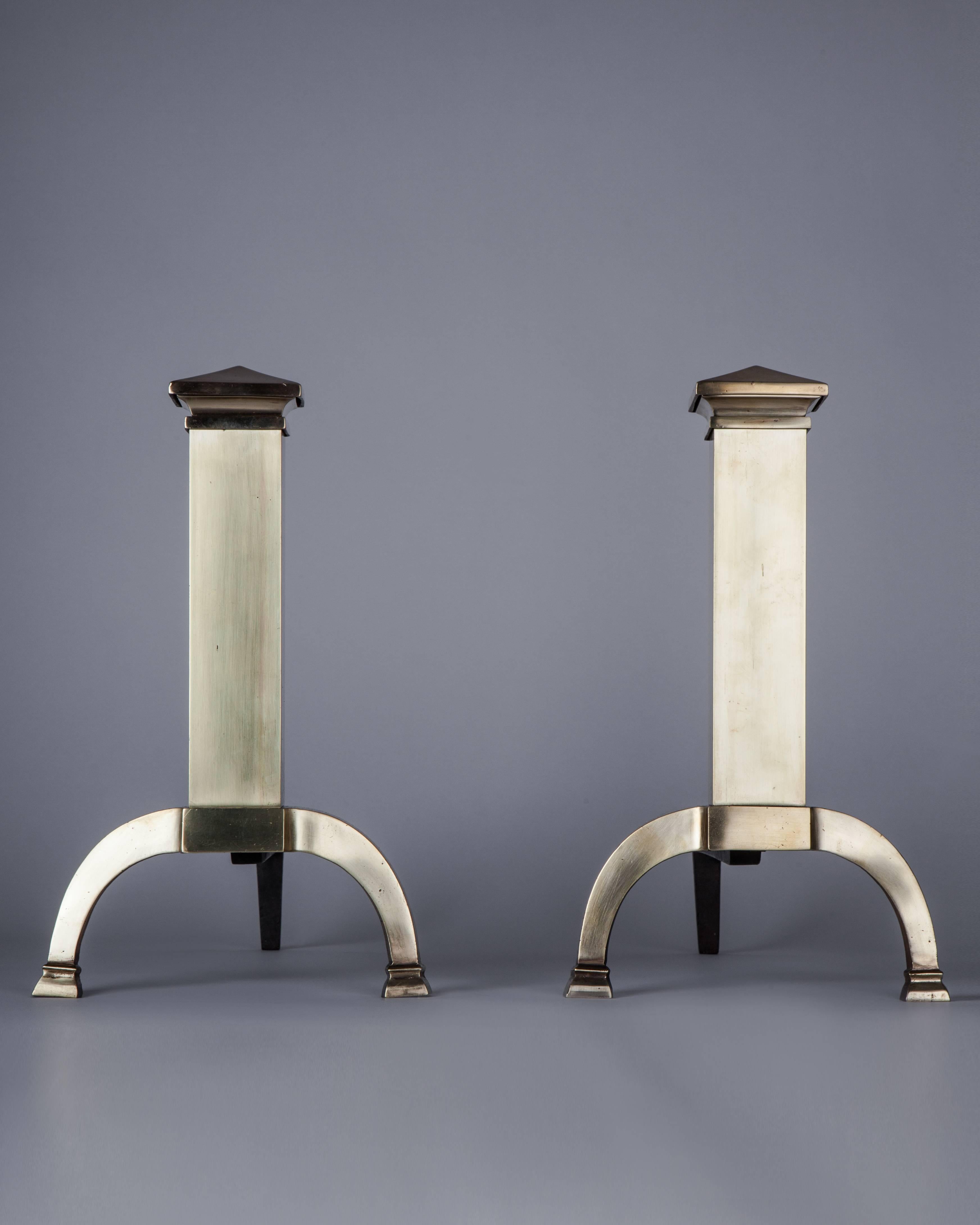 AFP0553
A pair of mission style andirons in their original satin brass finish.

Dimensions:
Overall: 14-1/2
