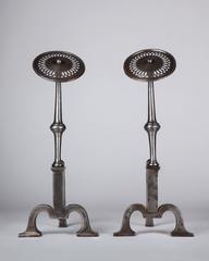 Wrought Iron Andirons with Pierced Circular Finials and Forged Bodies Circa 1890
