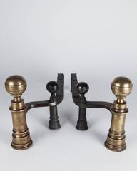 Antique Brass Hunneman Andirons with Tapered Bodies and Ball Finials, Circa 1880