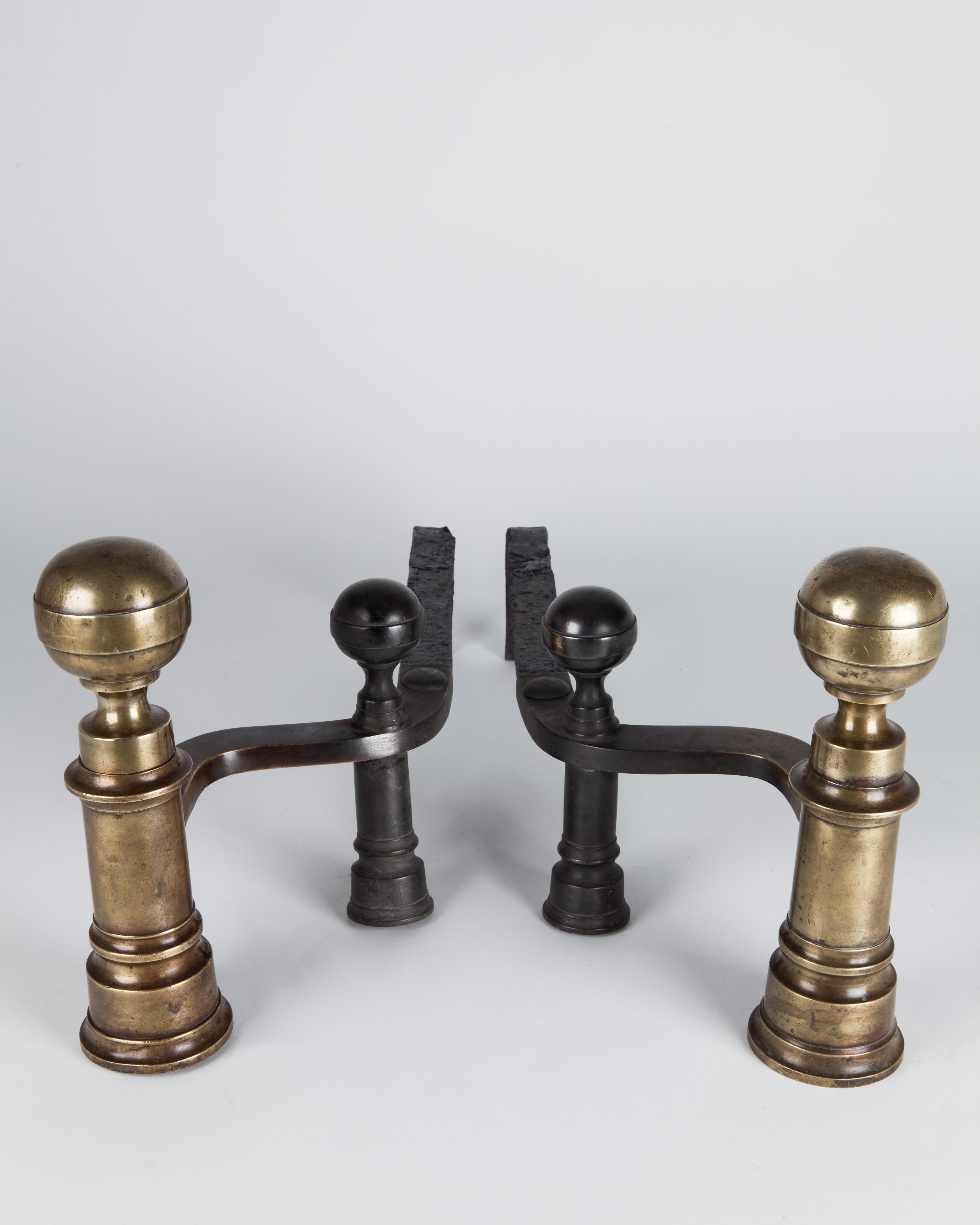 Federal Antique Brass Hunneman Andirons with Tapered Bodies and Ball Finials, Circa 1880 For Sale