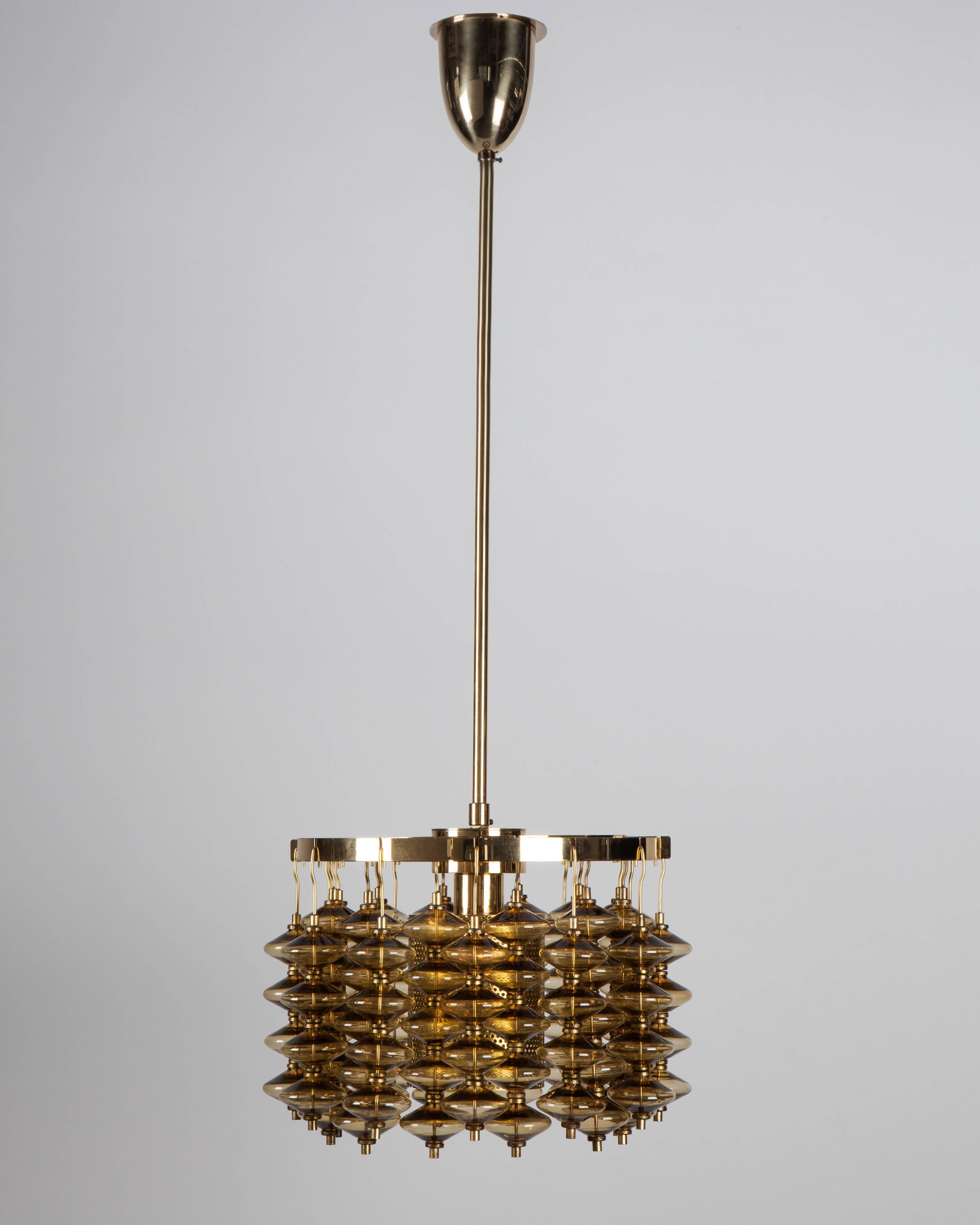Mid-Century Modern Brass and Amber Glass Chandelier by Hans-Agne Jakobsson, Swedish, Circa 1960