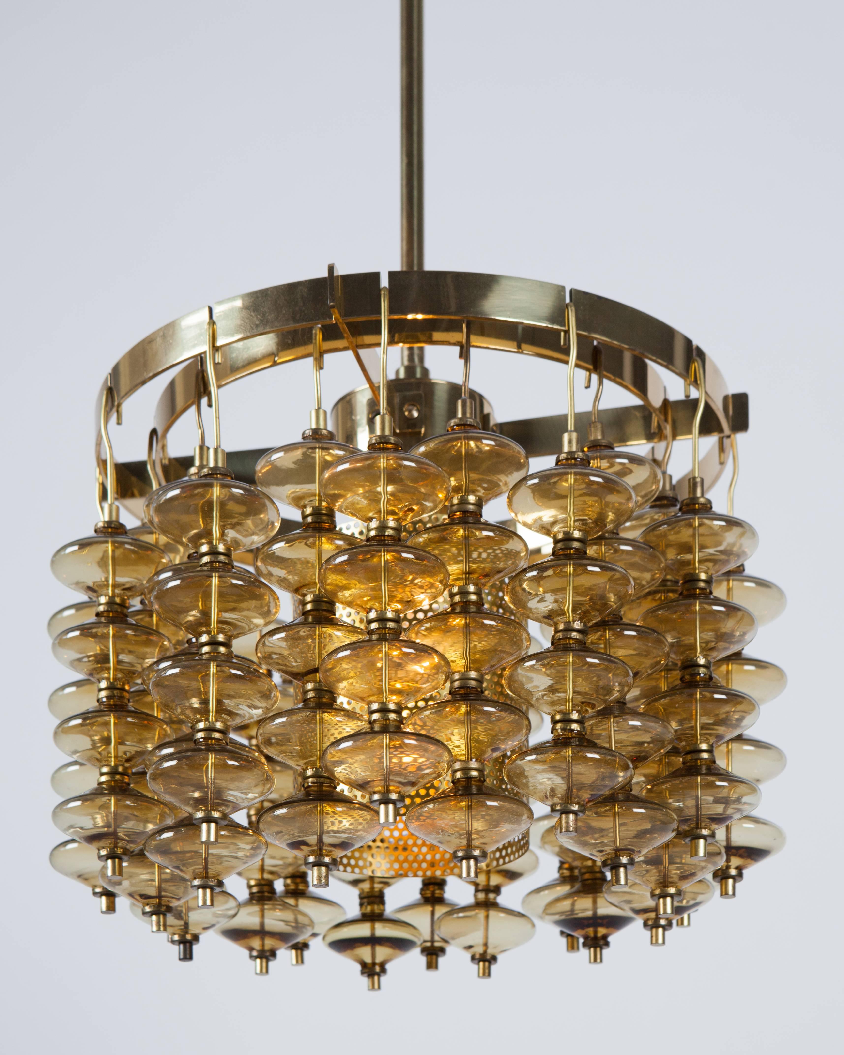 Brass and Amber Glass Chandelier by Hans-Agne Jakobsson, Swedish, Circa 1960 In Excellent Condition In New York, NY