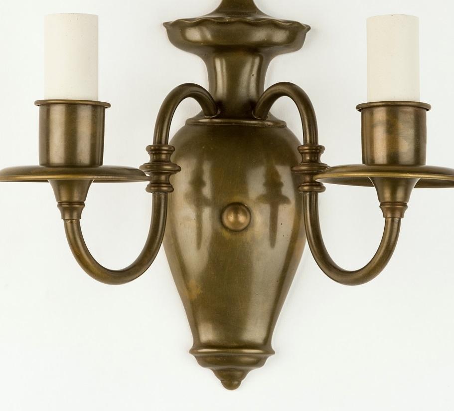 American Antique Darkened Cast Brass Sconces with Urn Form Backplates, Circa 1900s For Sale