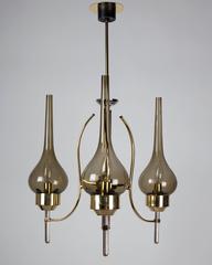 Three Arm Italian Brass & Nickel Chandelier with Smoke Glass Shades, Circa 1960s