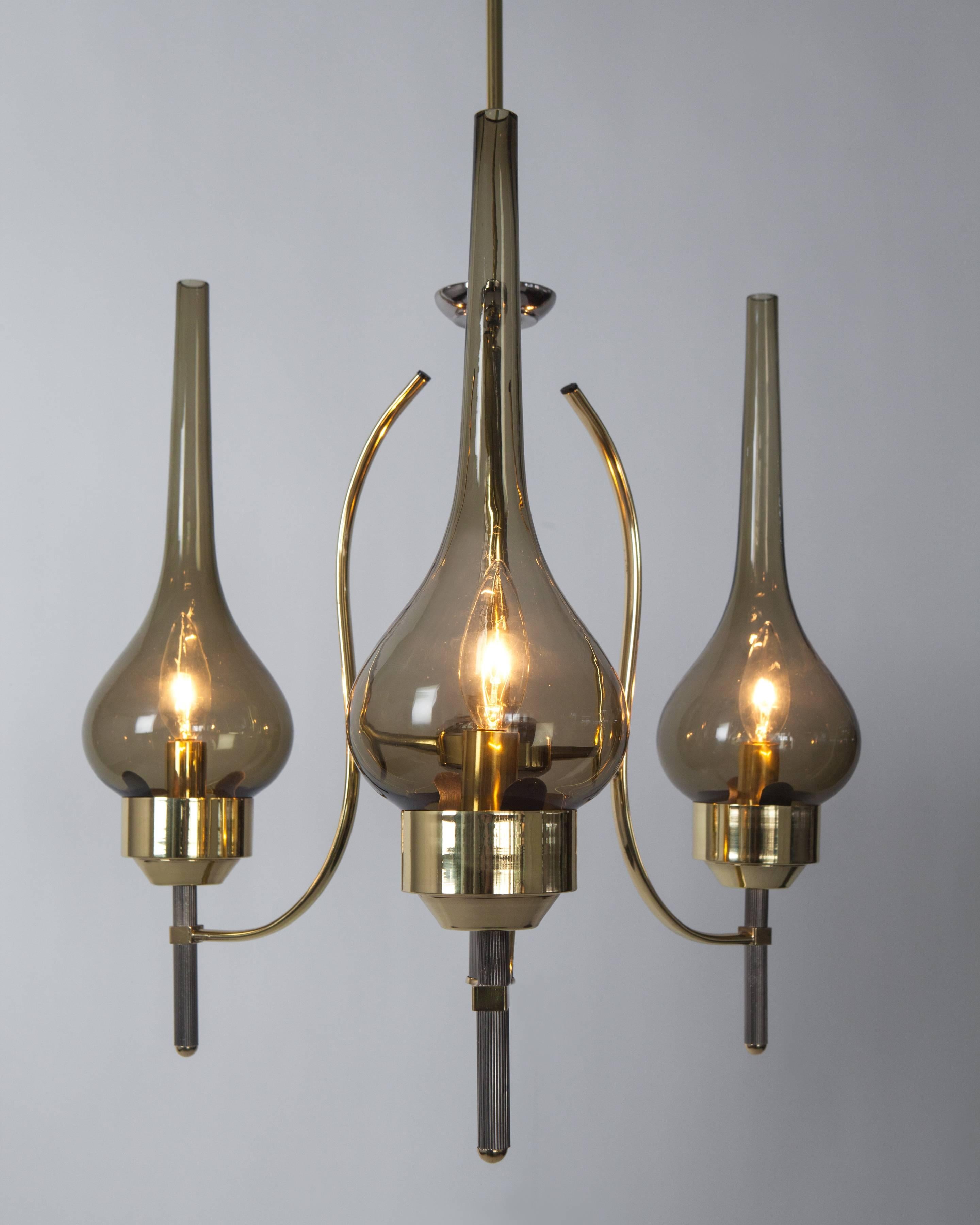 Three Arm Italian Brass & Nickel Chandelier with Smoke Glass Shades, Circa 1960s In Good Condition For Sale In New York, NY