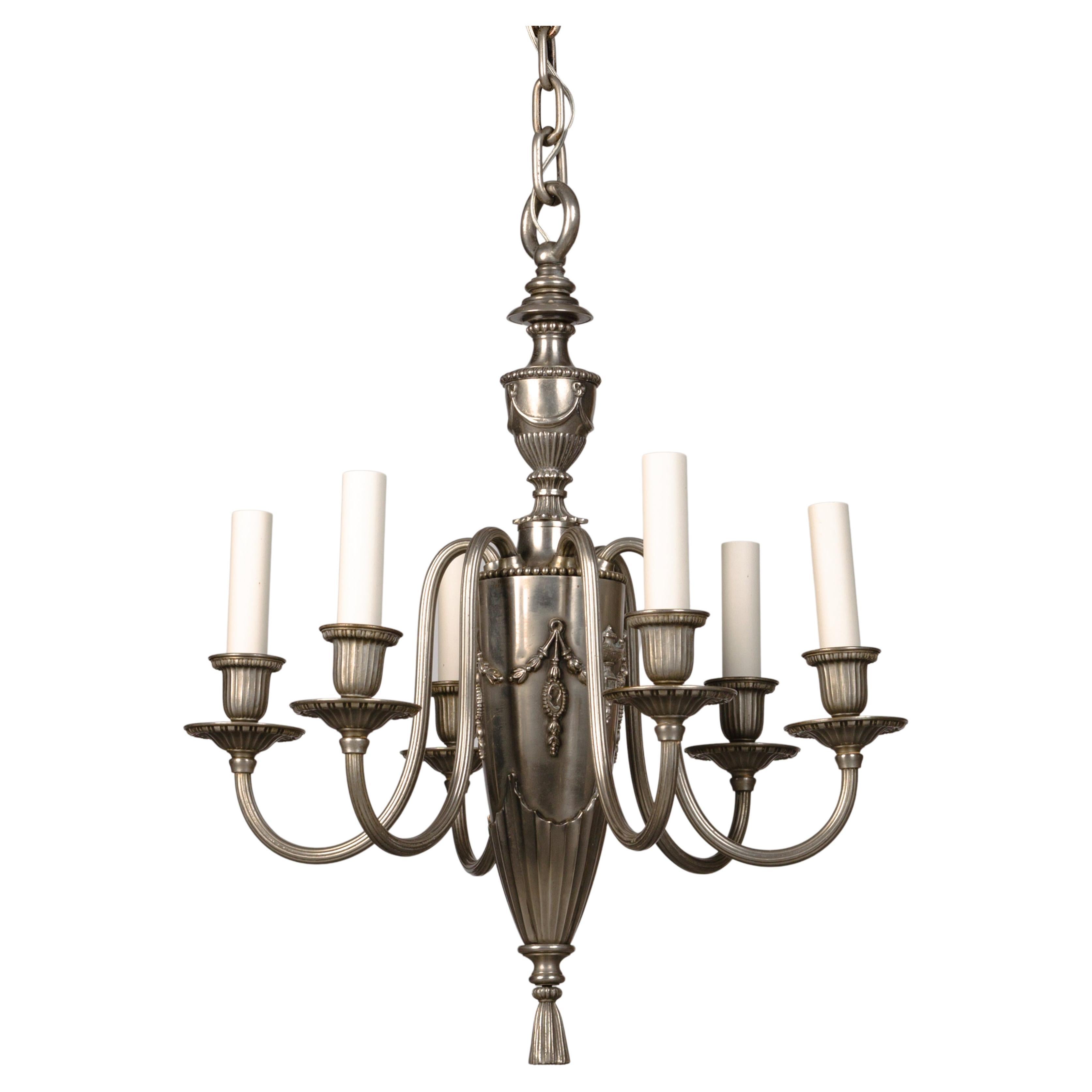 Six Arm Adam Style Chandelier in Antique Nickel by Bradley and Hubbard, c. 1920s For Sale