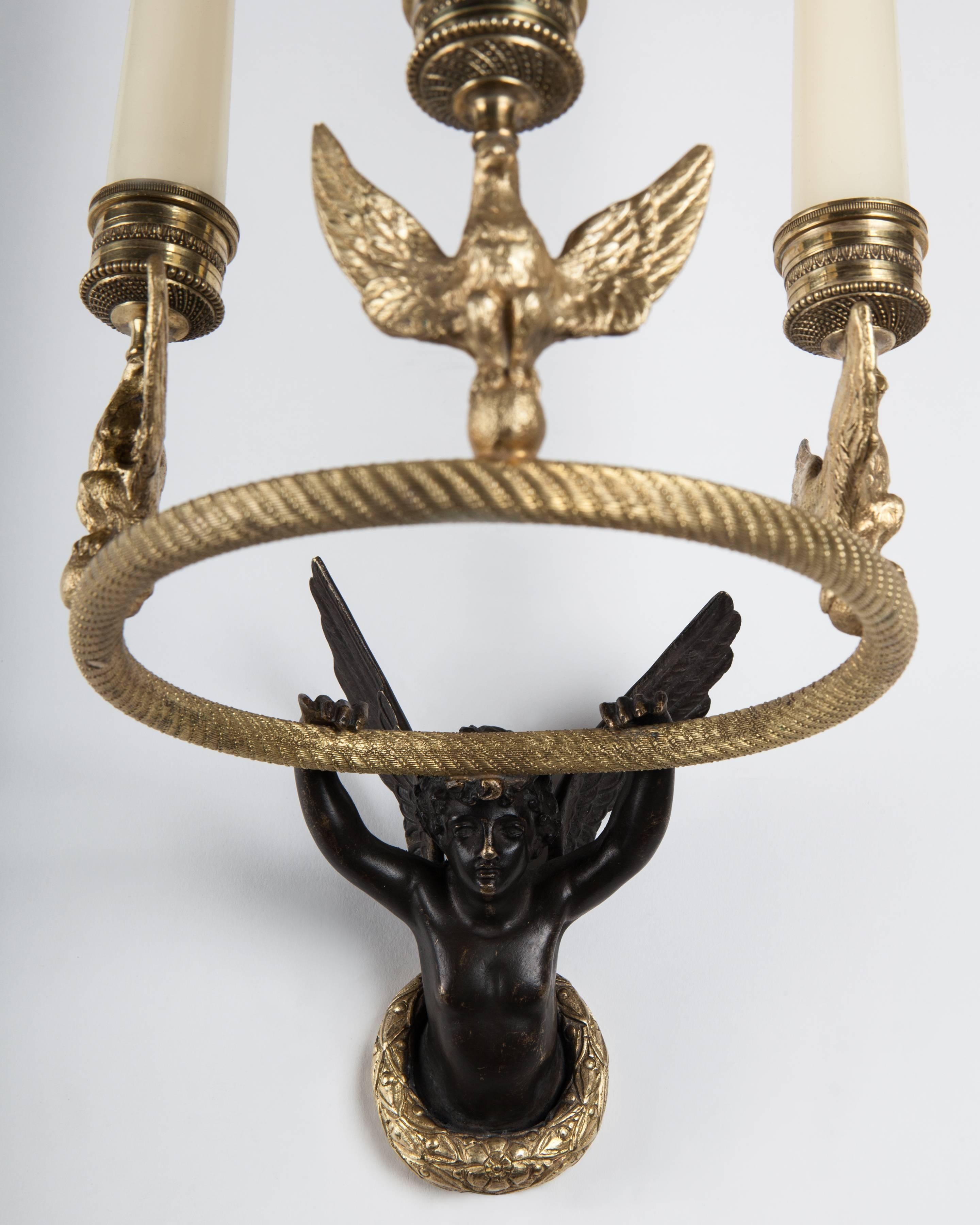 Gilt Gilded Empire Hoop Sconce for Candles with Winged Figure and Three Eagles, 1860s For Sale